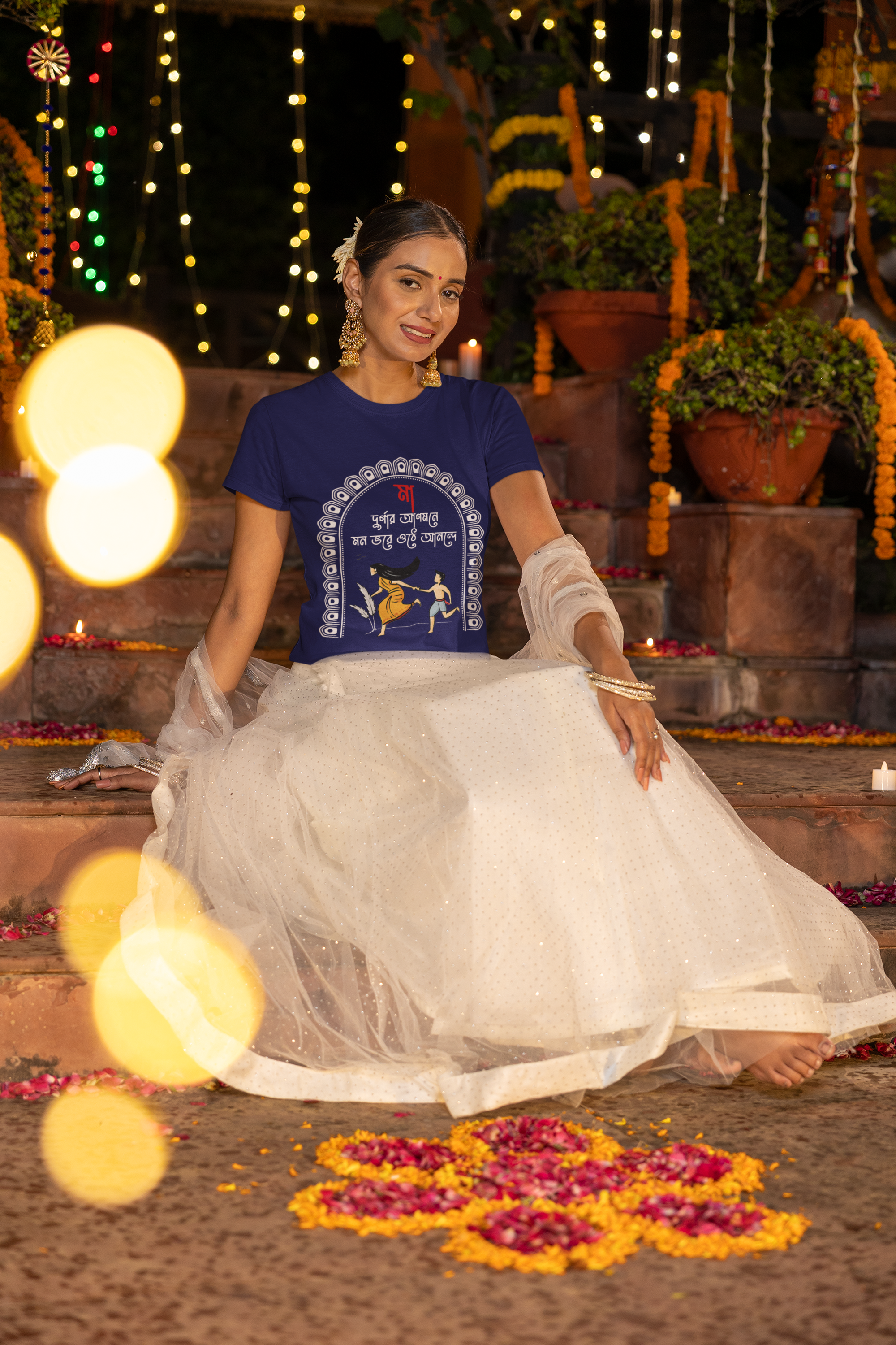 Women's Royal Blue Durga Puja Special Printed T-Shirt