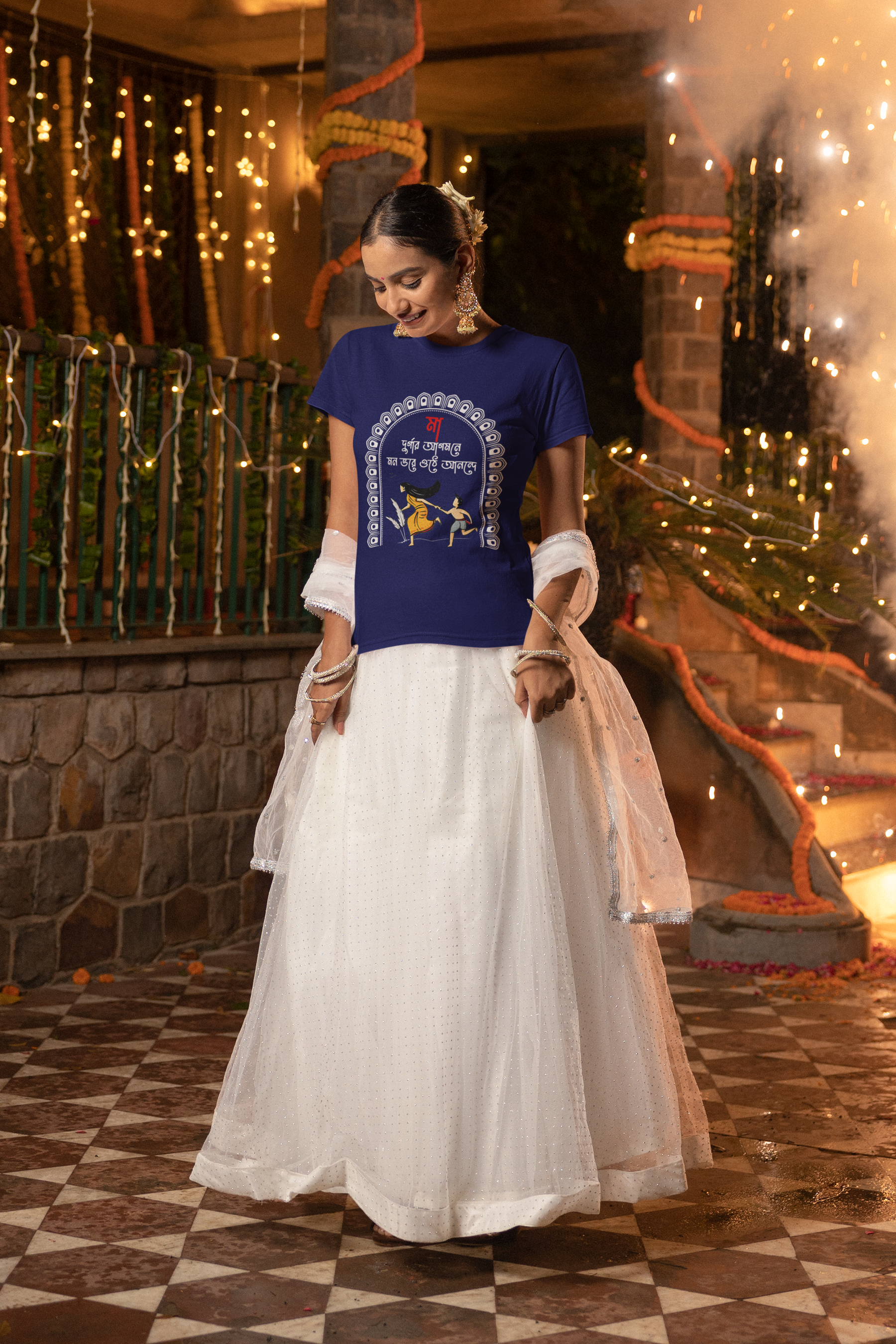 Women's Royal Blue Durga Puja Special Printed T-Shirt