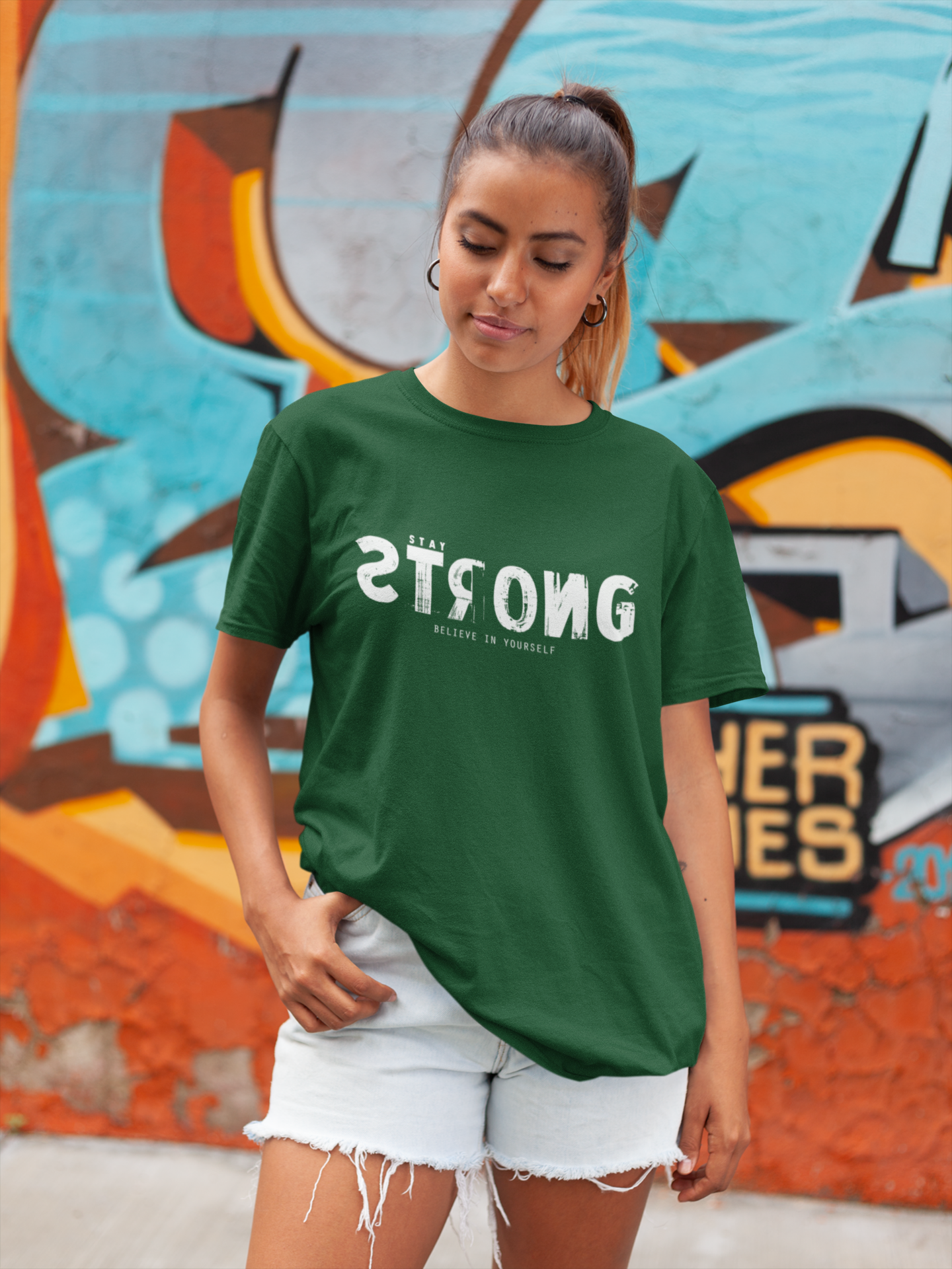 Women's Bottle Green Strong Oversized Printed T-Shirt