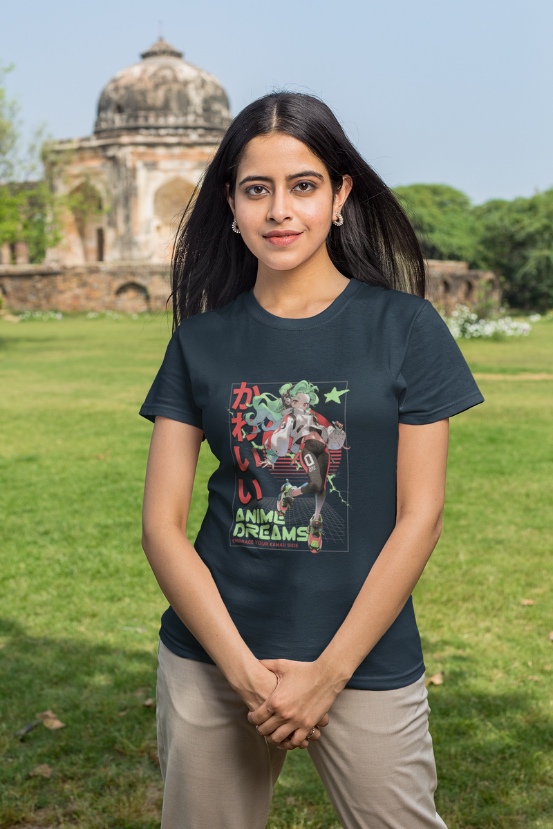 Women's Navy Blue Anime Dreams Graphic Printed T-shirt