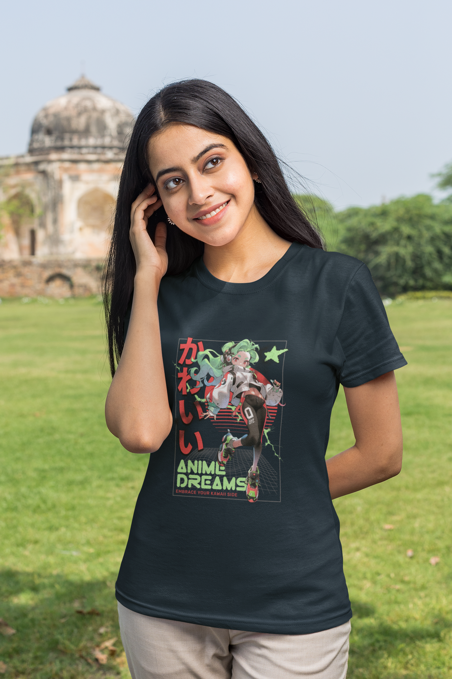 Women's Navy Blue Anime Dreams Graphic Printed T-shirt