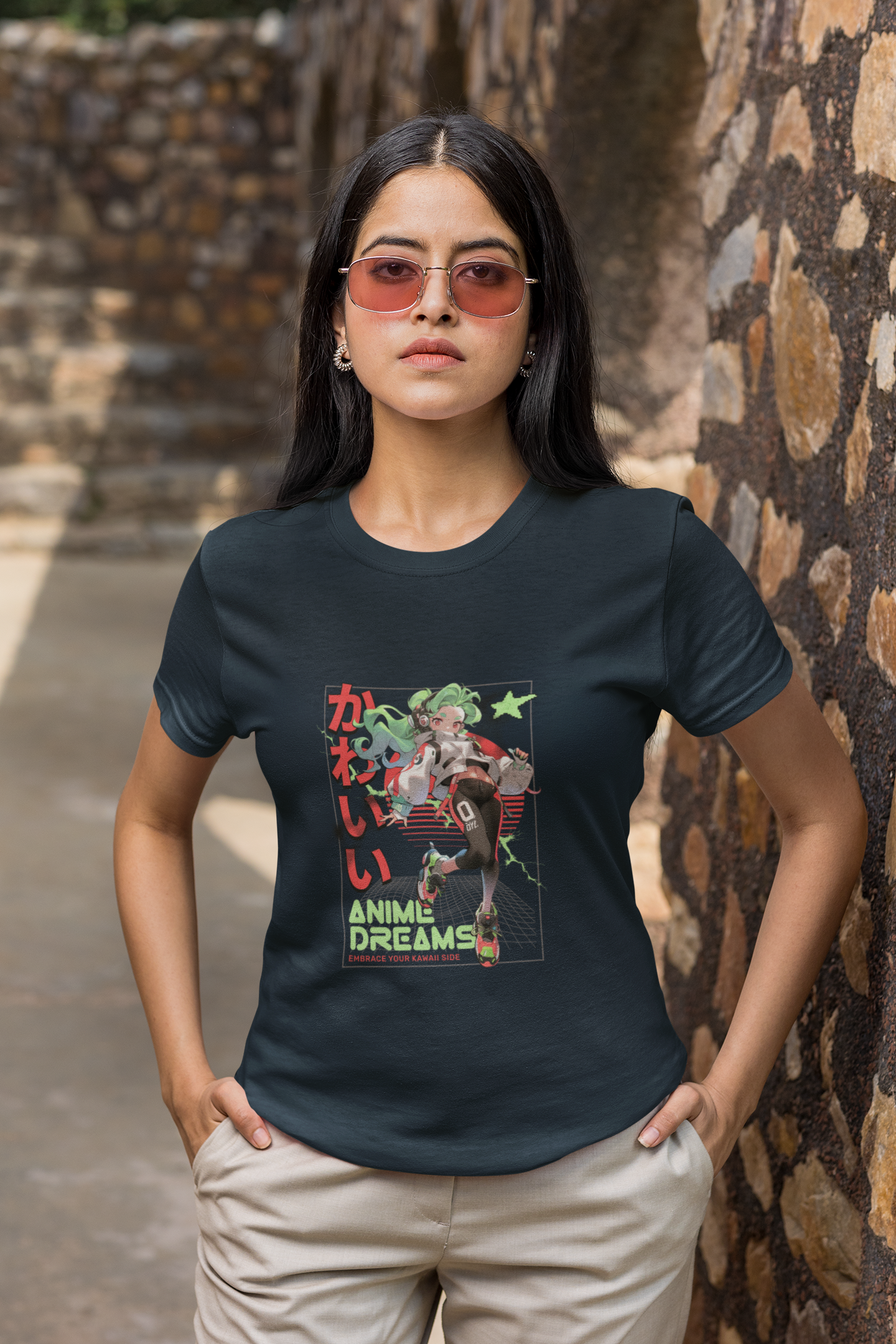 Women's Navy Blue Anime Dreams Graphic Printed T-shirt