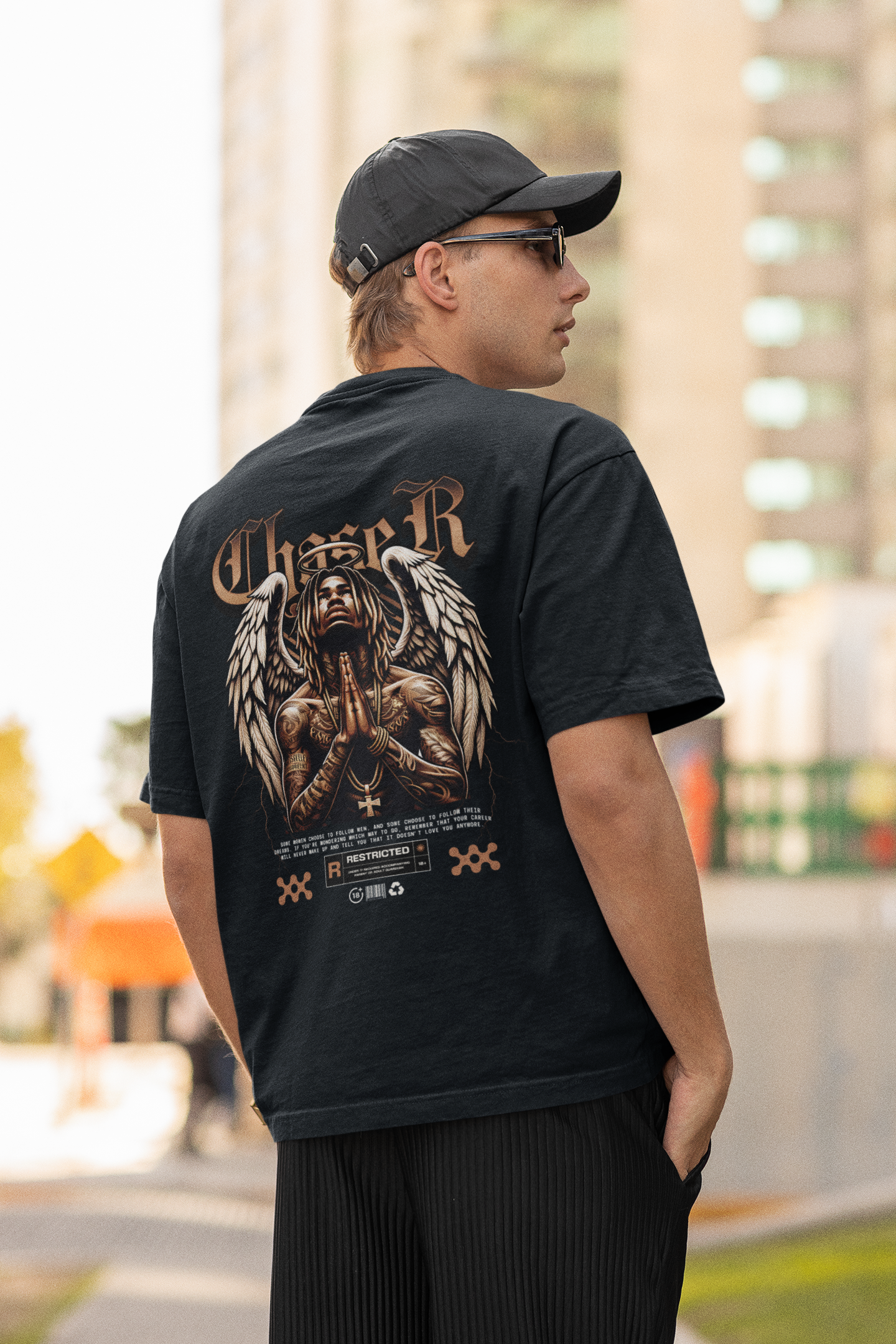 Men's Navy Blue Chaser Oversized Printed T-shirt