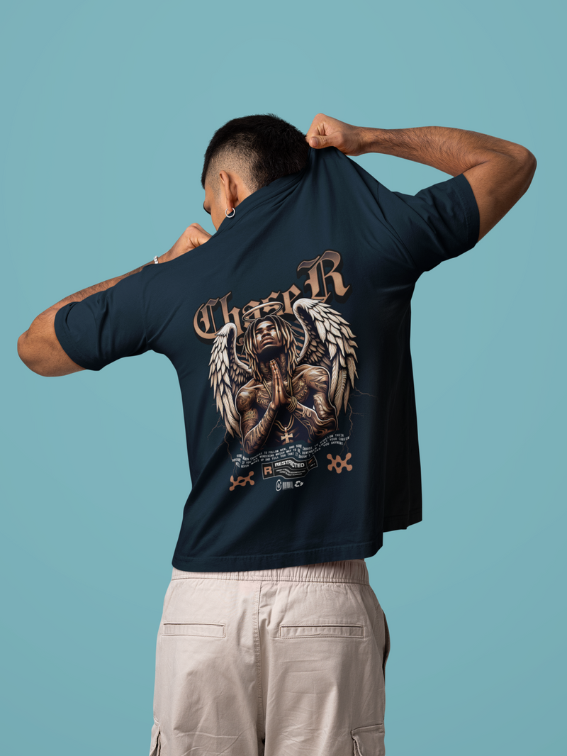 Men's Navy Blue Chaser Oversized Printed T-shirt
