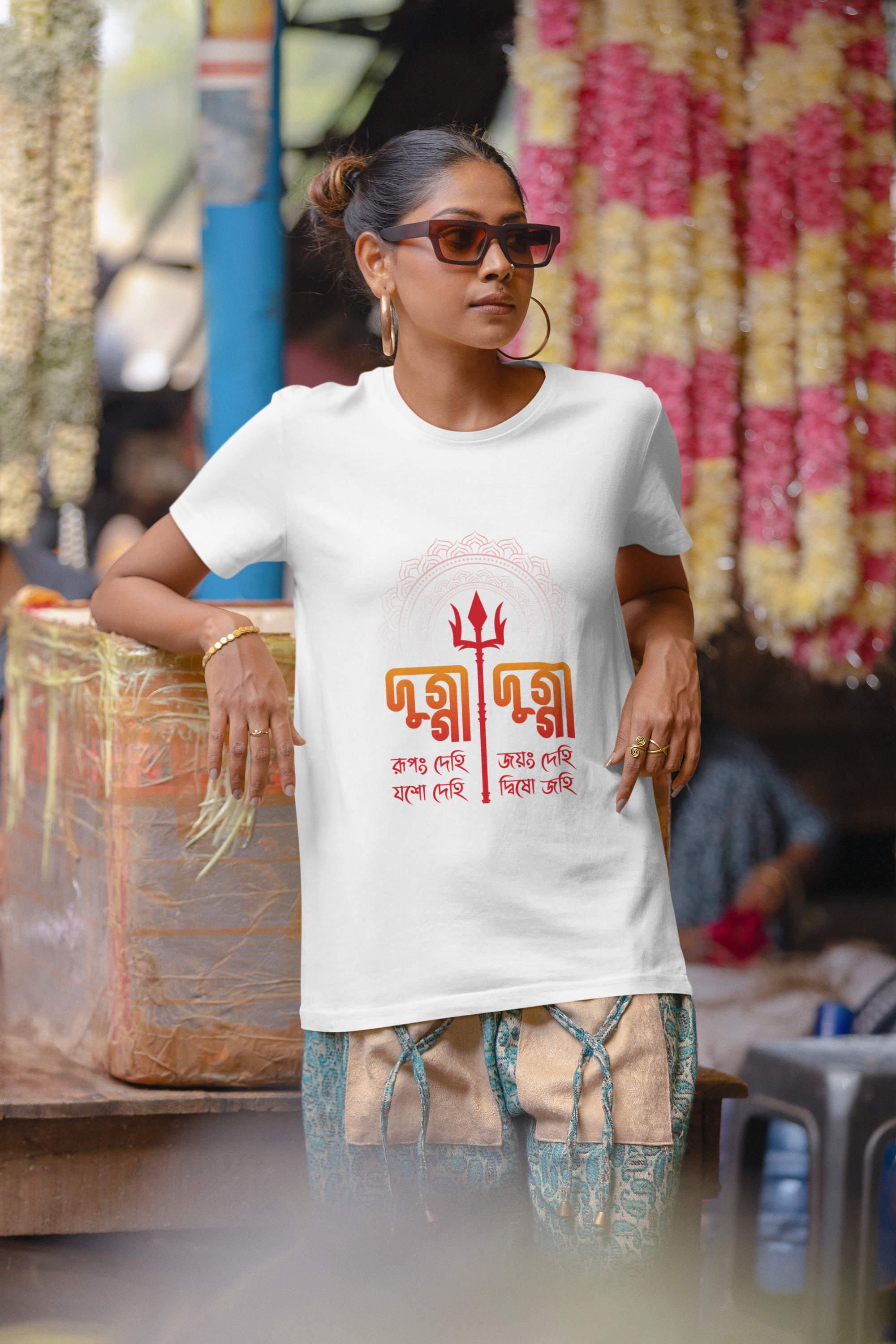 Women's White Durga Puja Special Oversized T-Shirt