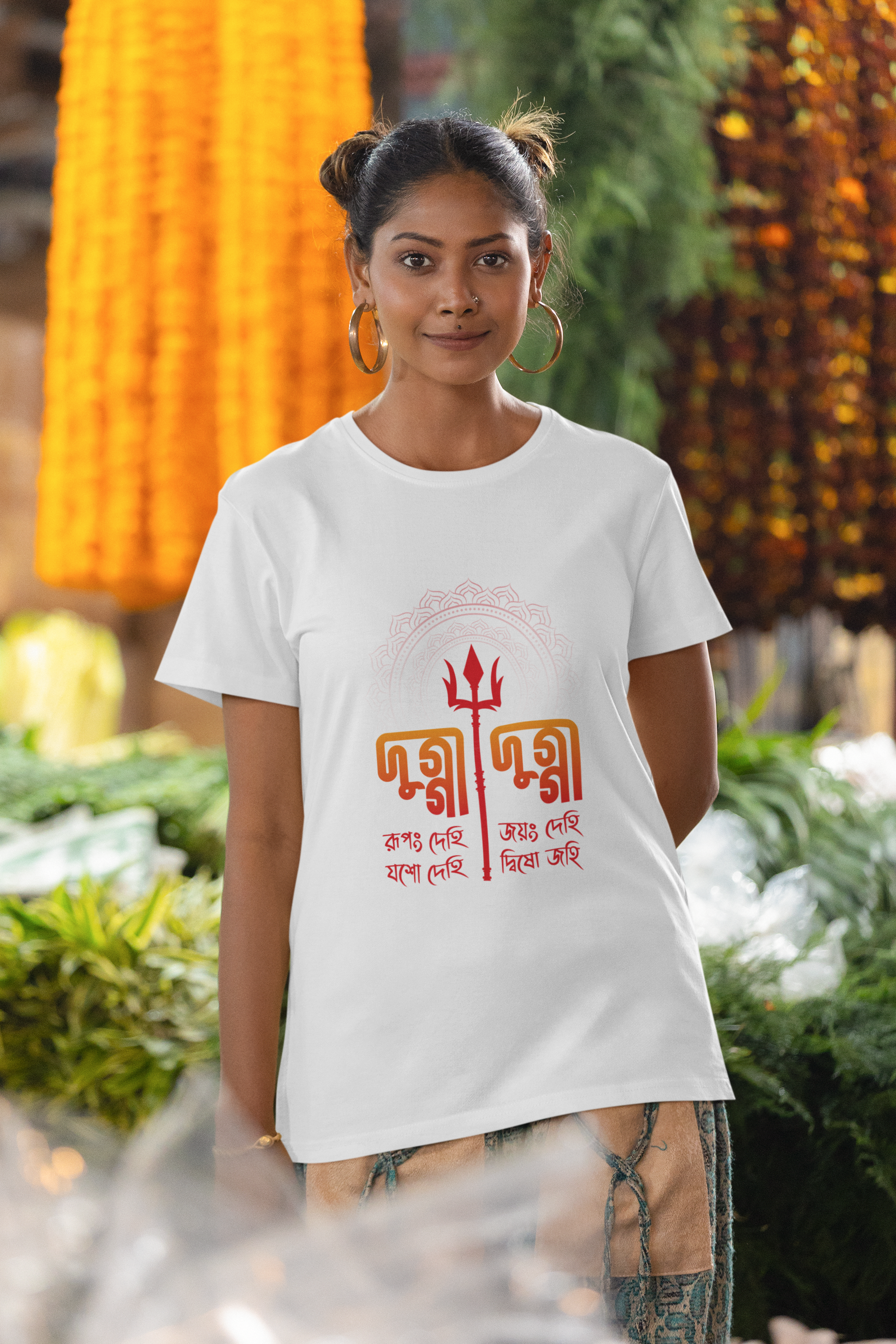 Women's White Durga Puja Special Oversized T-Shirt