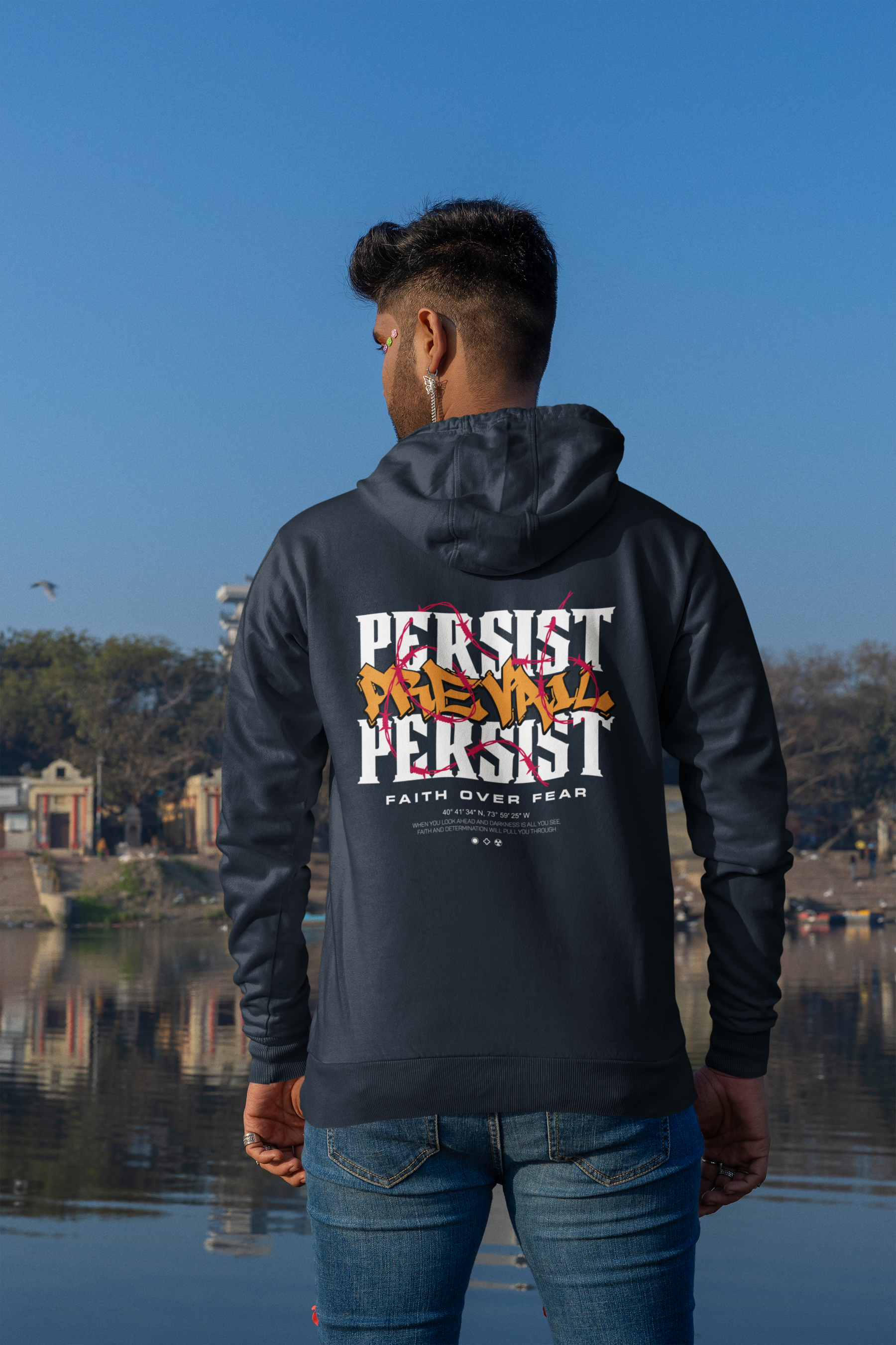 Men's Navy Blue Faith Over Fear Printed Hoodies