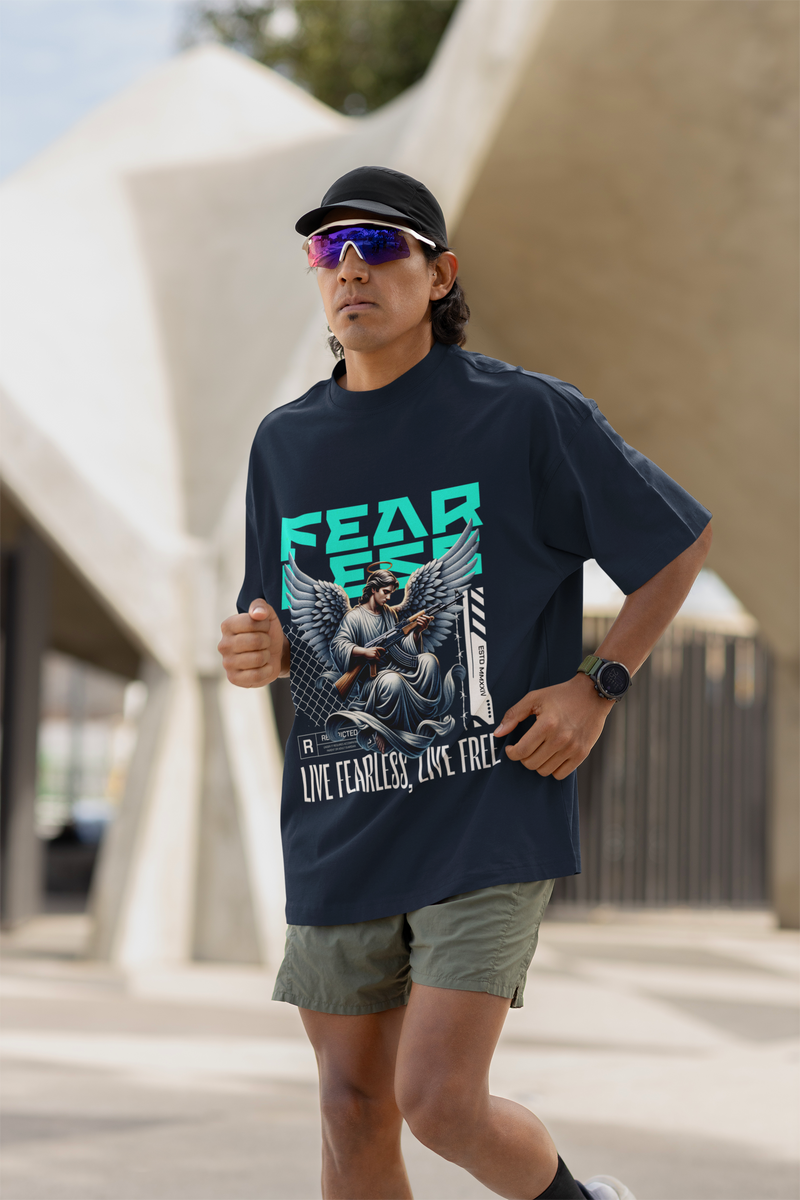 Men's Navy Blue Fearless Oversized Graphic Printed T-Shirt