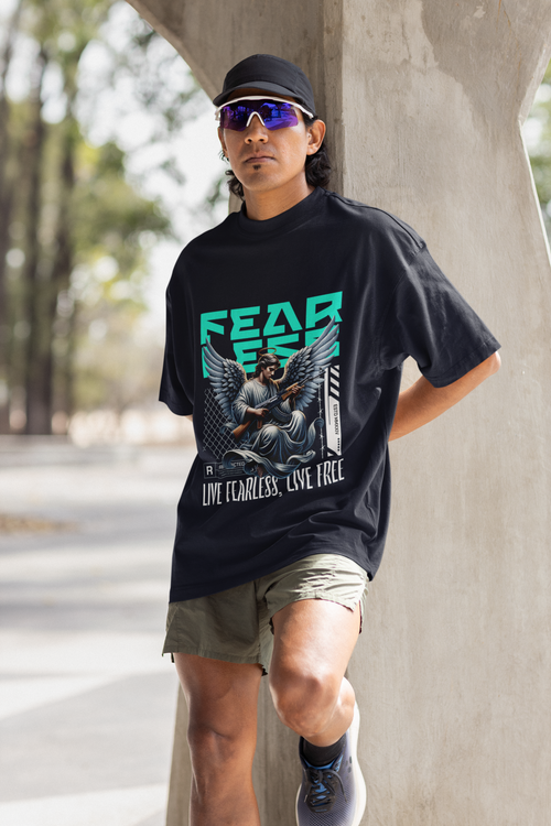 Men's Navy Blue Fearless Oversized Graphic Printed T-Shirt
