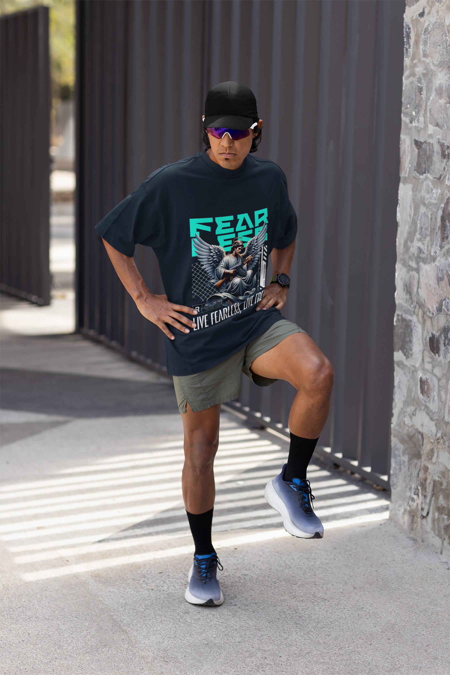 Men's Navy Blue Fearless Oversized Graphic Printed T-Shirt