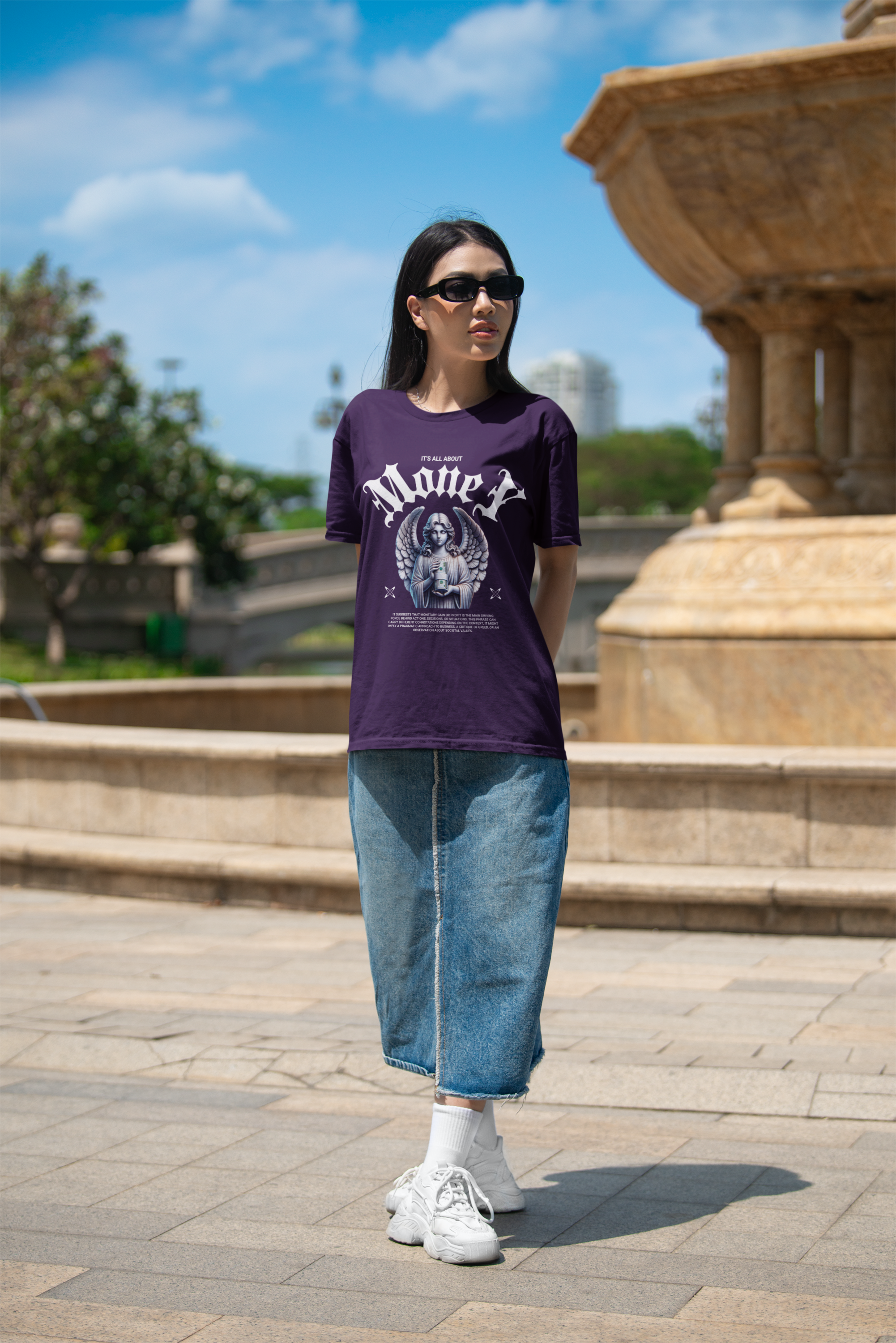 Women's Purple It's All About Money Oversized Printed T-Shirt
