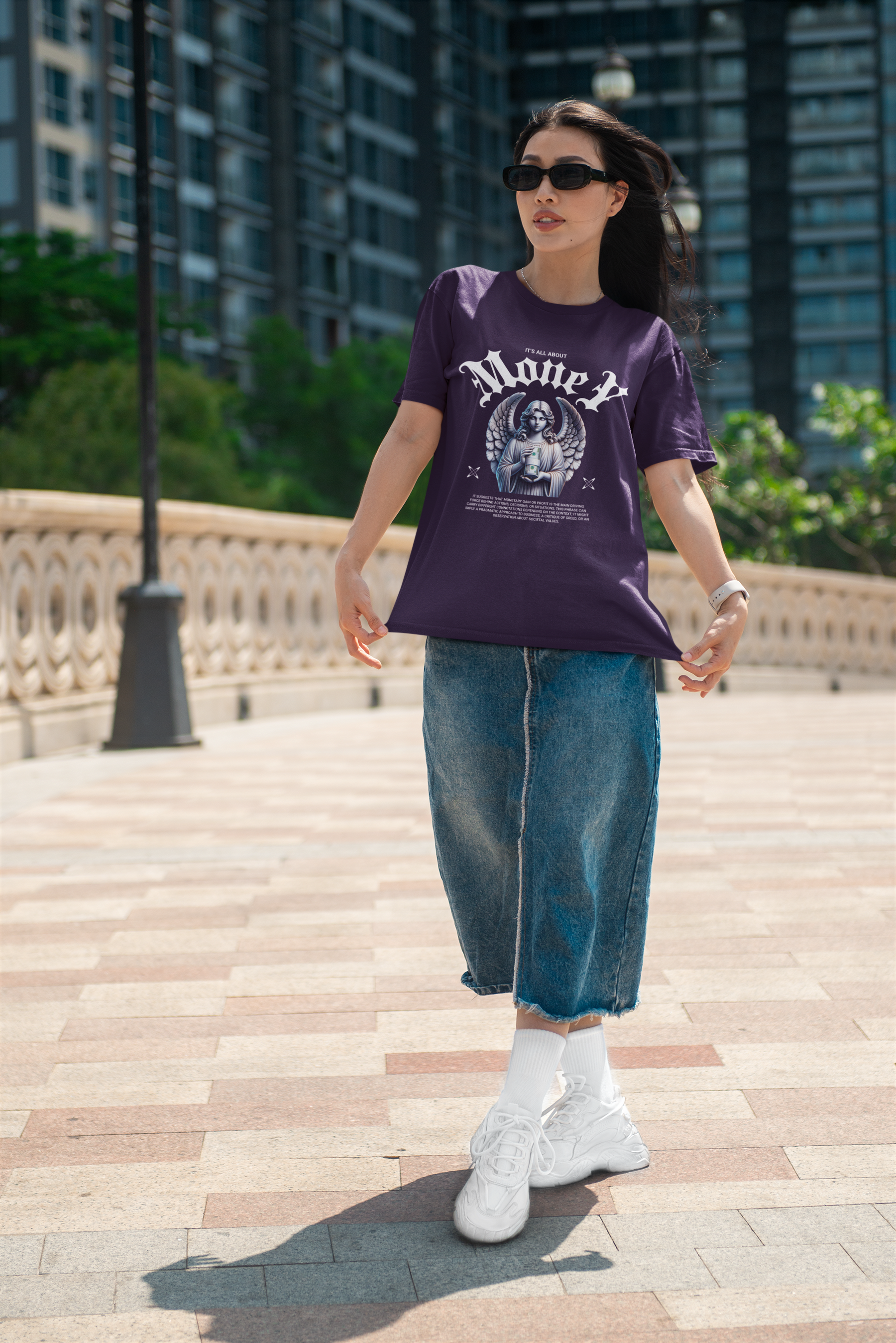 Women's Purple It's All About Money Oversized Printed T-Shirt