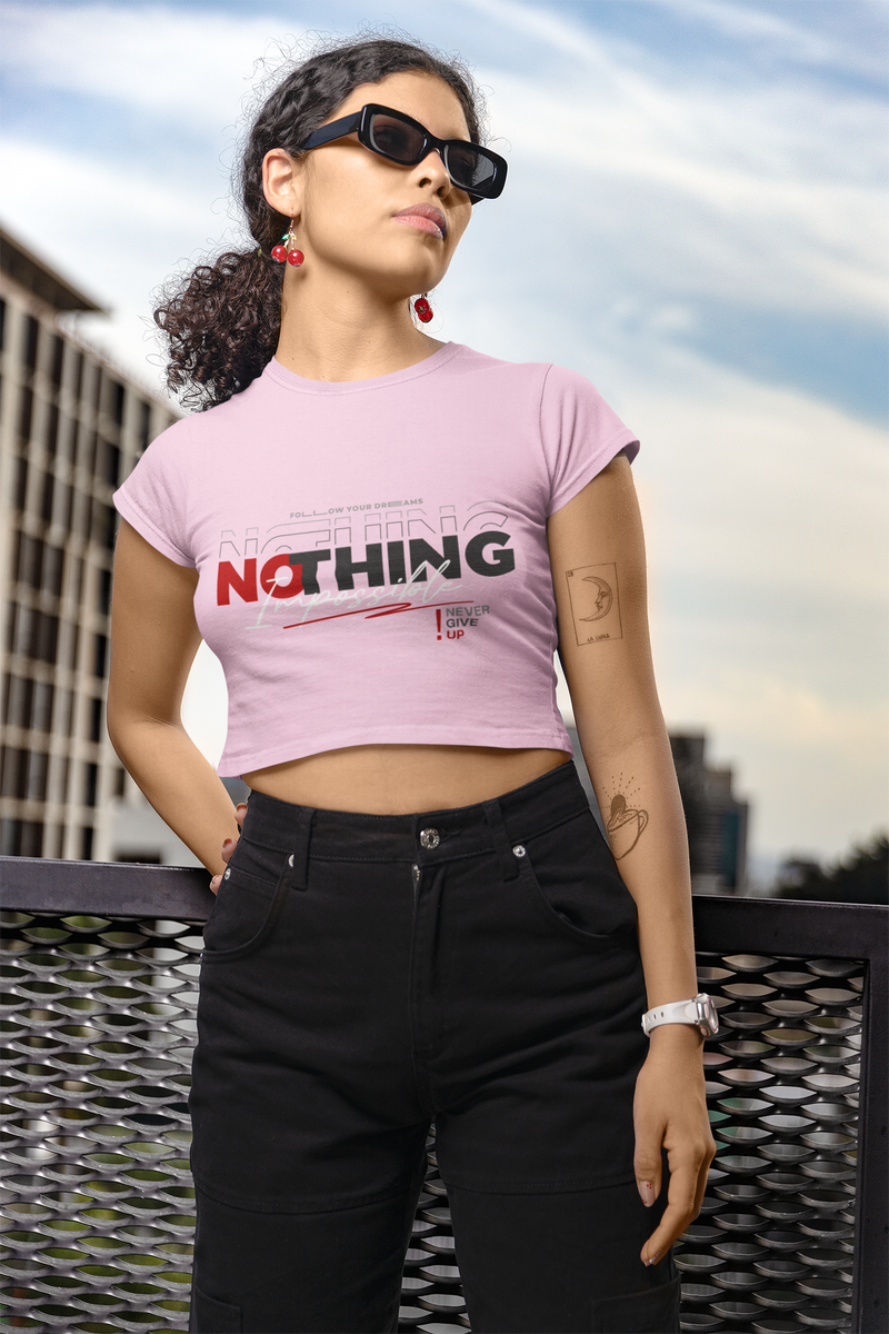 Women's Light Baby Pink Nothing Impossible Graphic Printed Baby Tee