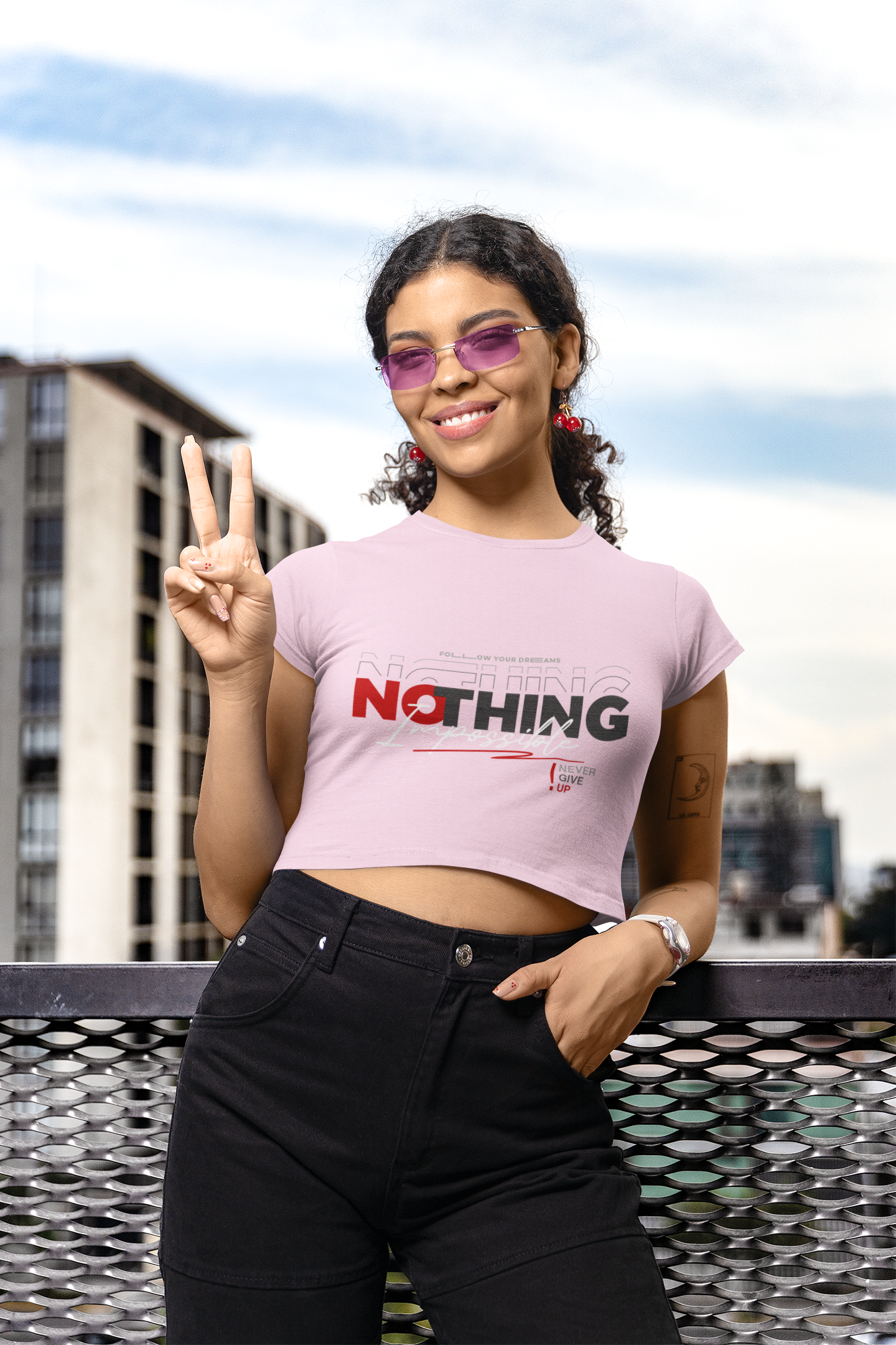 Women's Light Baby Pink Nothing Impossible Graphic Printed Baby Tee