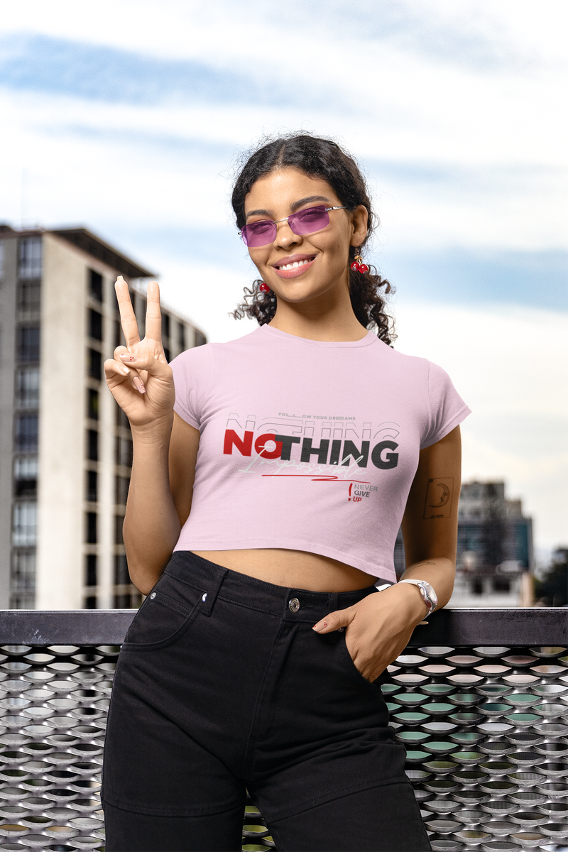 Women's Light Baby Pink Nothing Impossible Graphic Printed Baby Tee