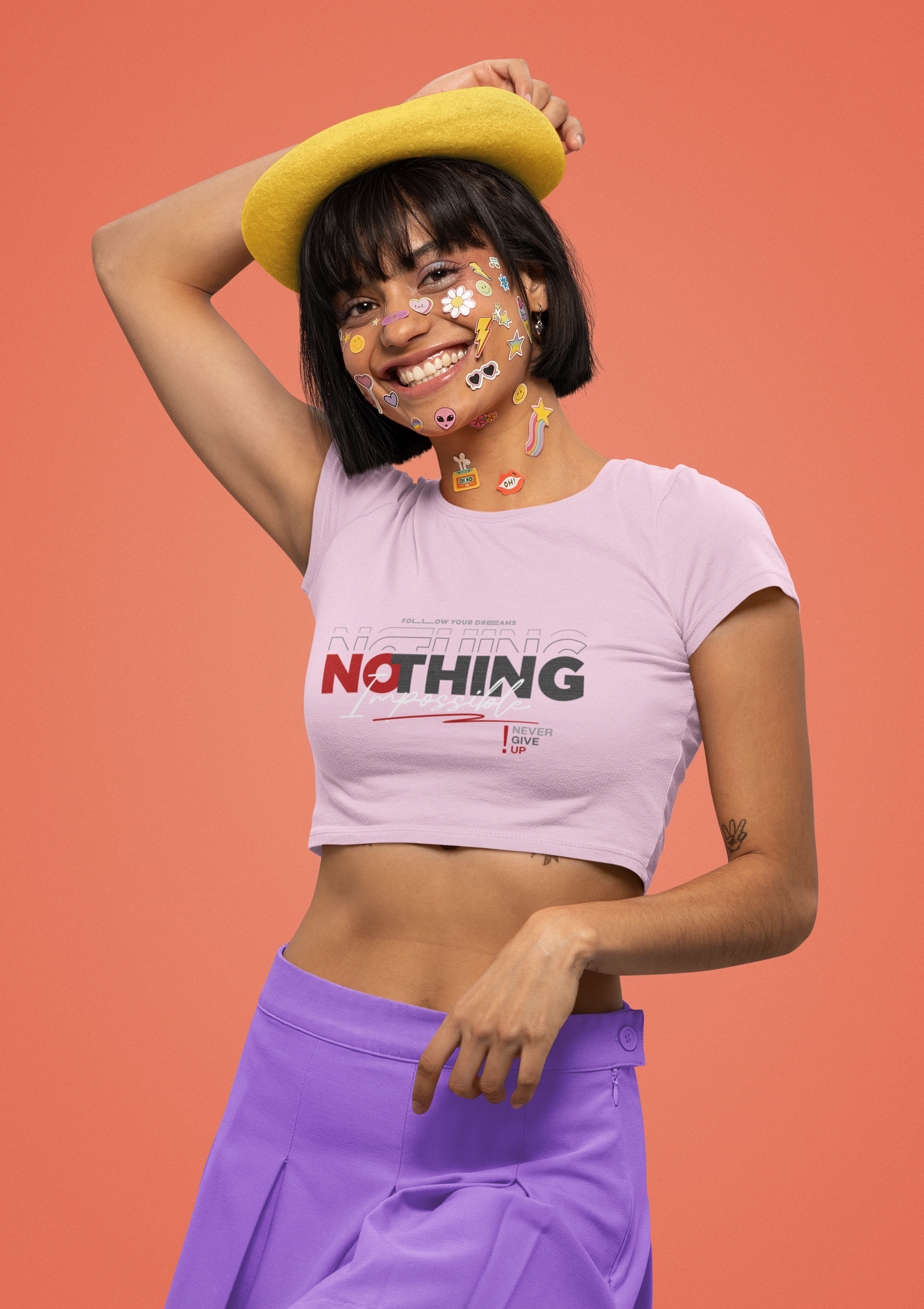 Women's Light Baby Pink Nothing Impossible Graphic Printed Baby Tee