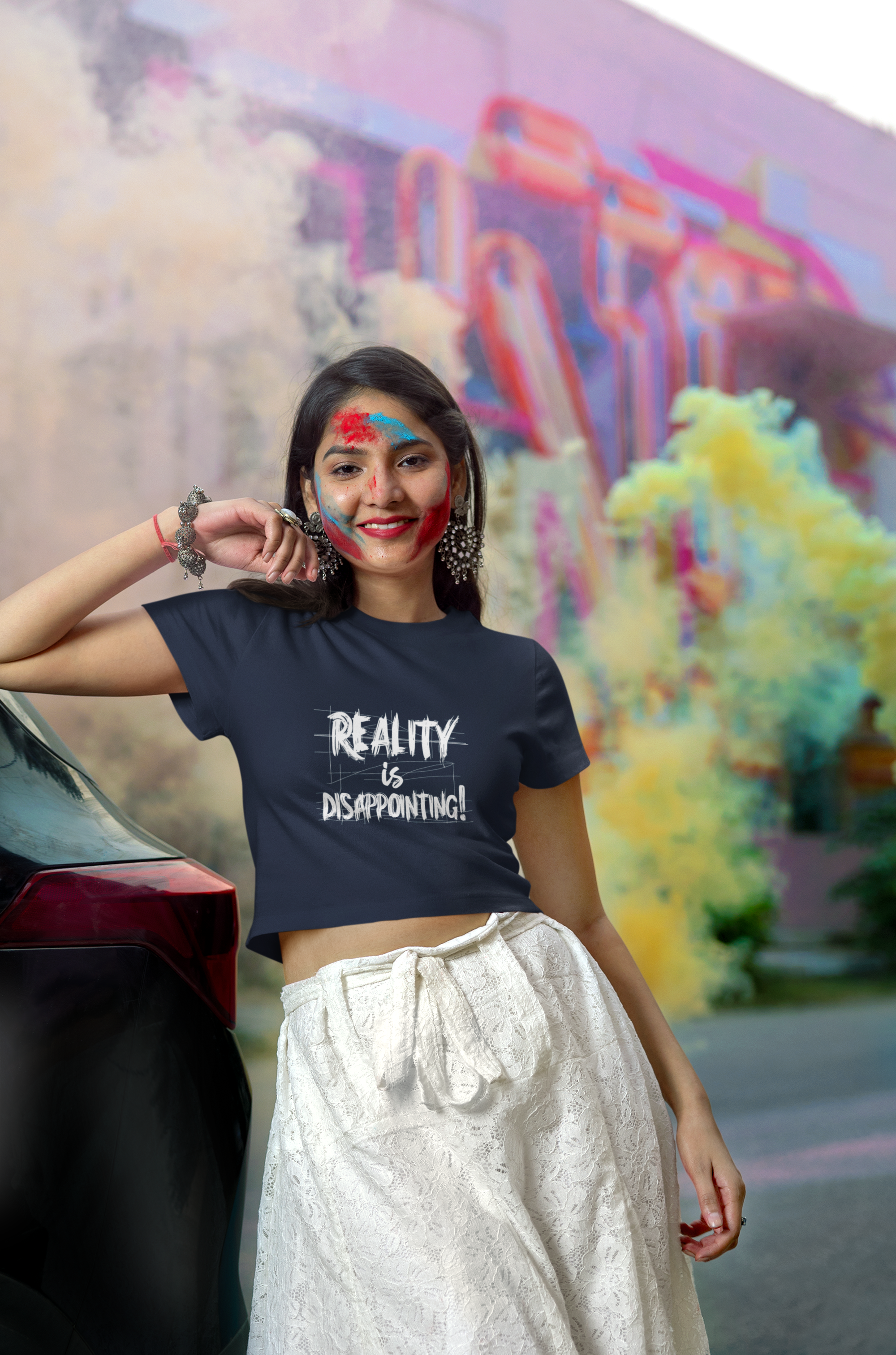 Women's Navy Blue Graphic Printed Short Top