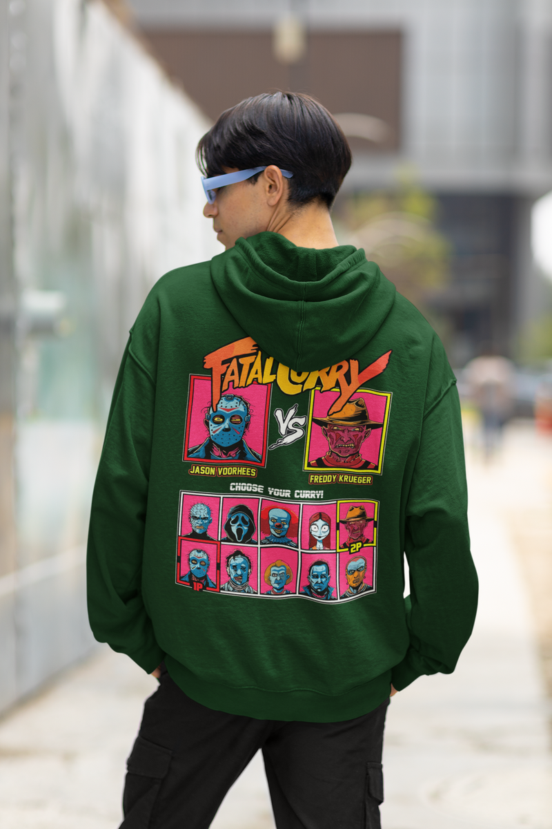 Men's Bottle Green Fatal Curry Printed Oversized Hoodie
