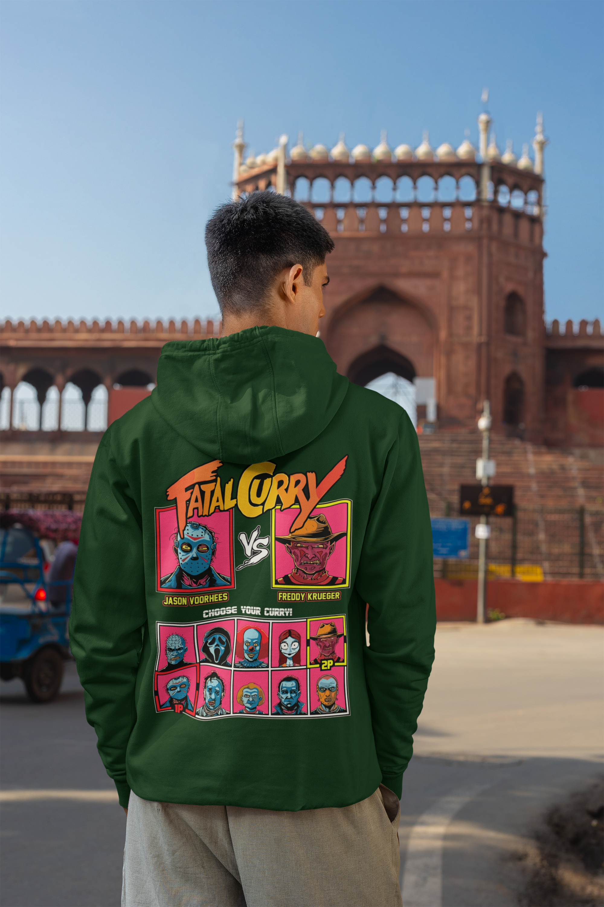 Men's Bottle Green Fatal Curry Printed Oversized Hoodie