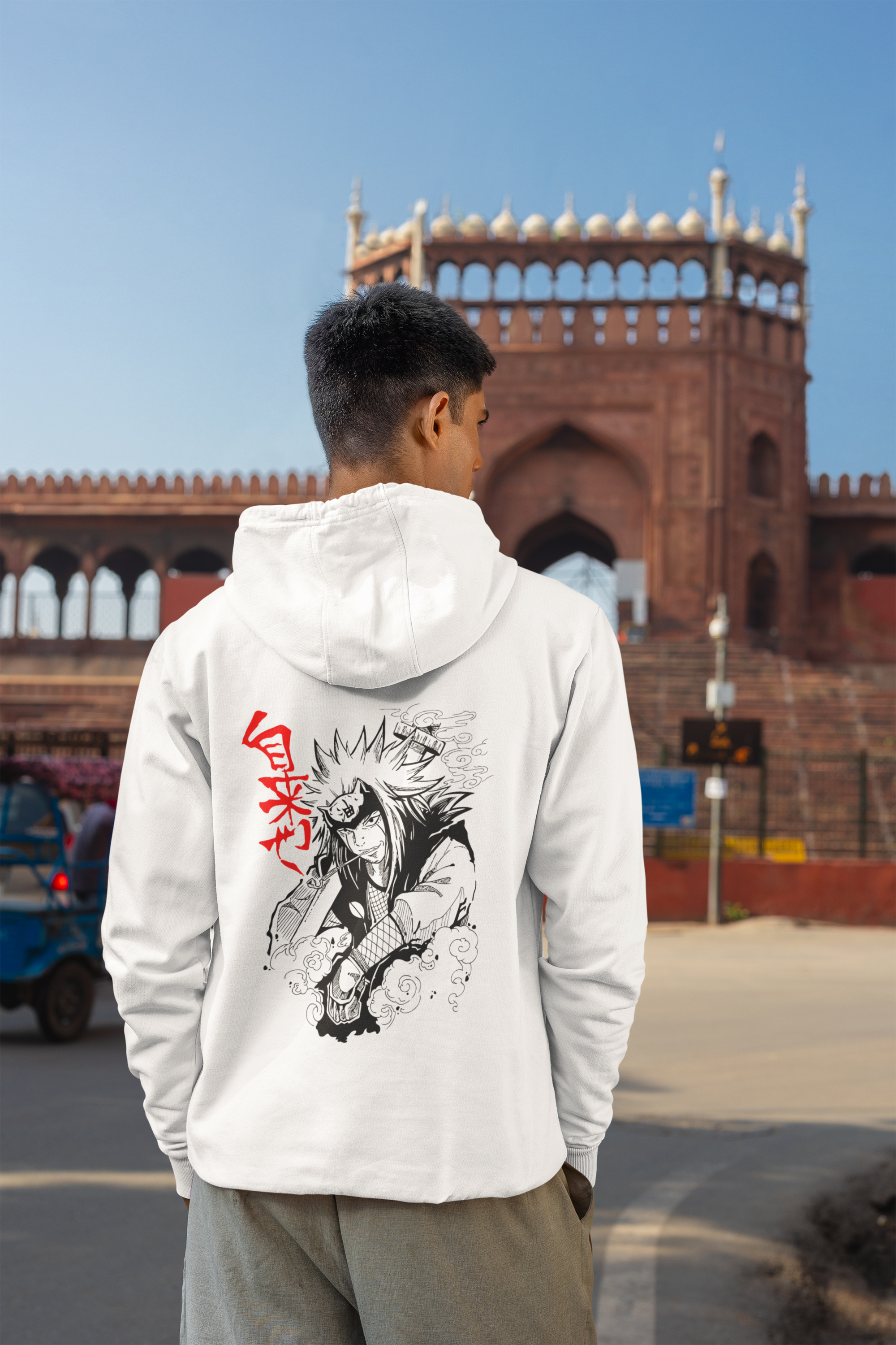 Men's White Naruto Anime Printed Oversized Hoodie