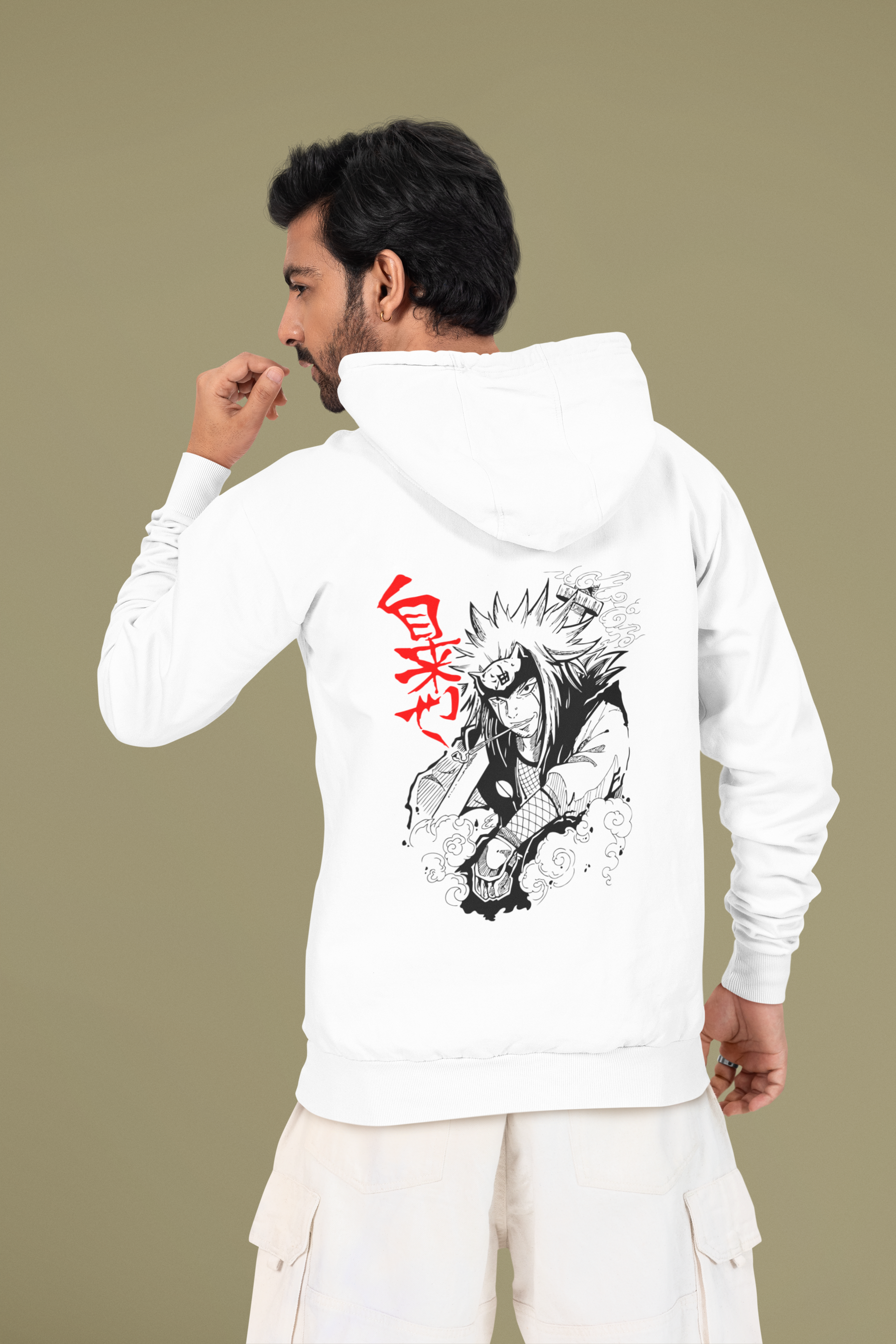 Men's White Naruto Anime Printed Oversized Hoodie