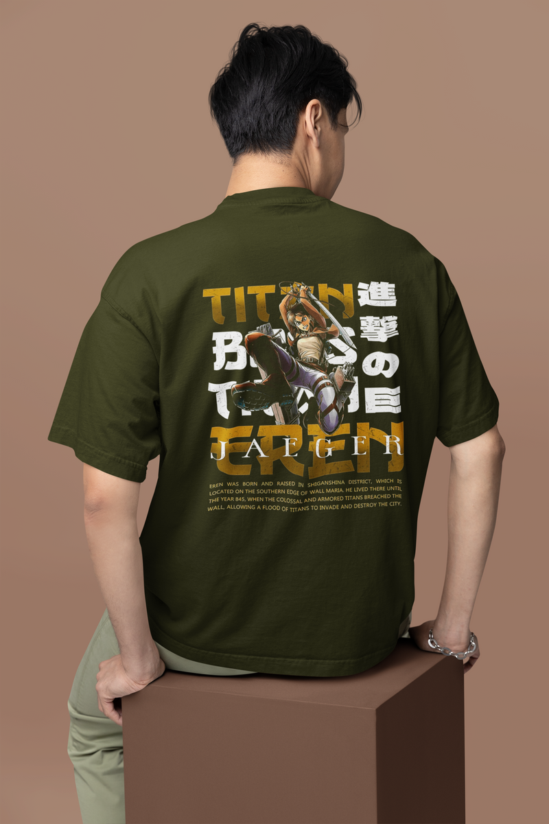 Men's Olive Green Titan Eren Anime Special Oversized Printed T-Shirt
