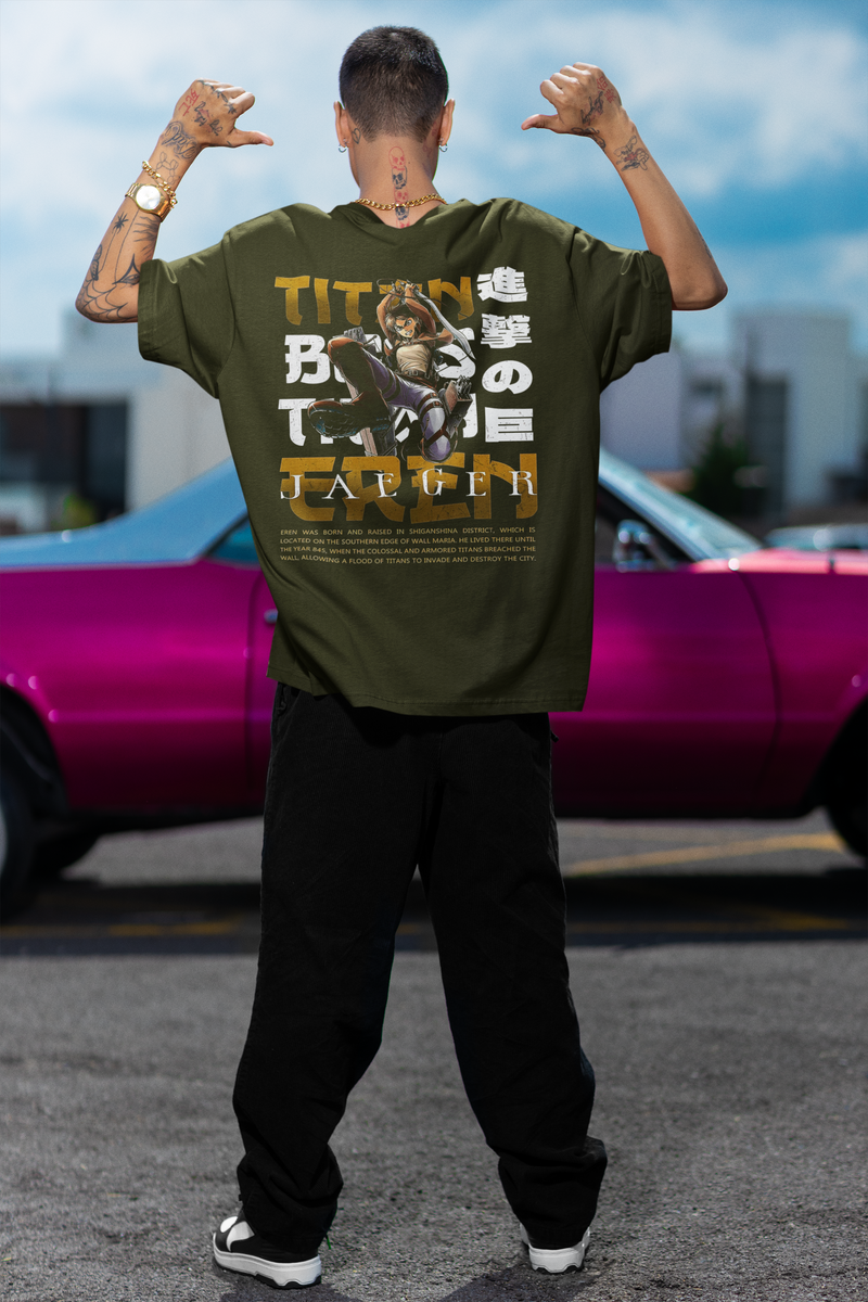 Men's Olive Green Titan Eren Anime Special Oversized Printed T-Shirt