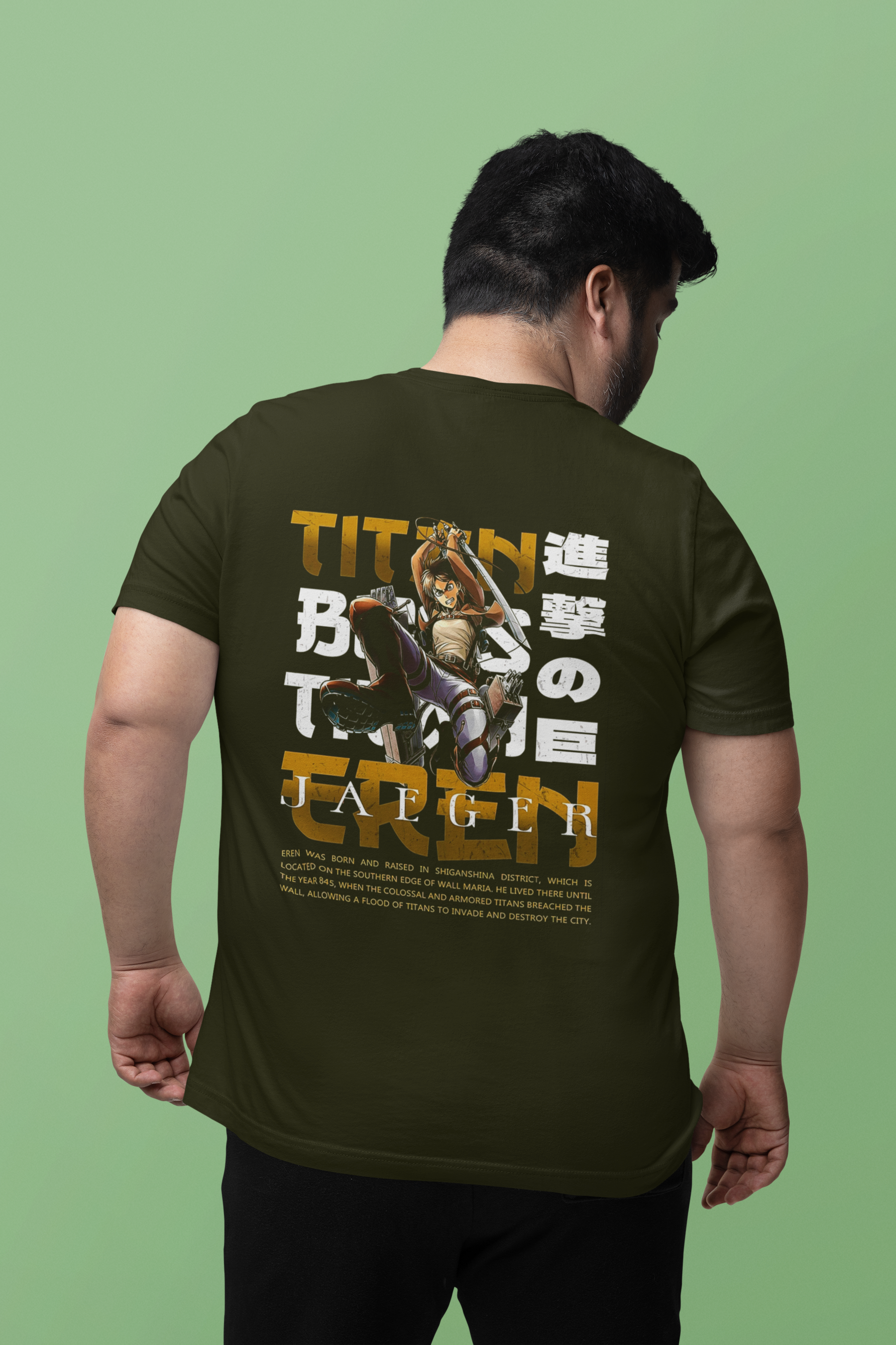 Men's Olive Green Titan Eren Anime Special Oversized Printed T-Shirt