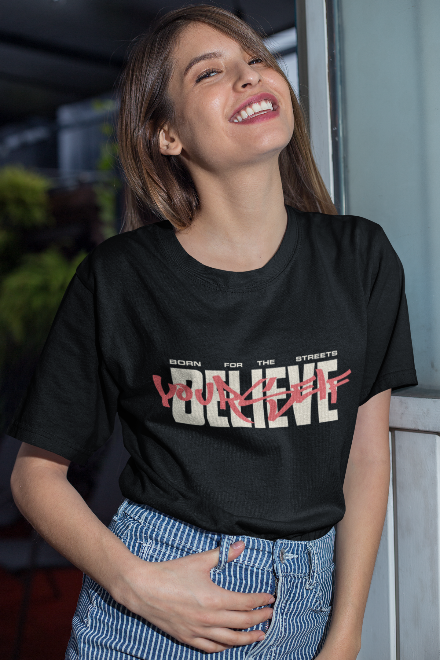 Women's Black Believe Yourself Oversized Printed T-Shirt