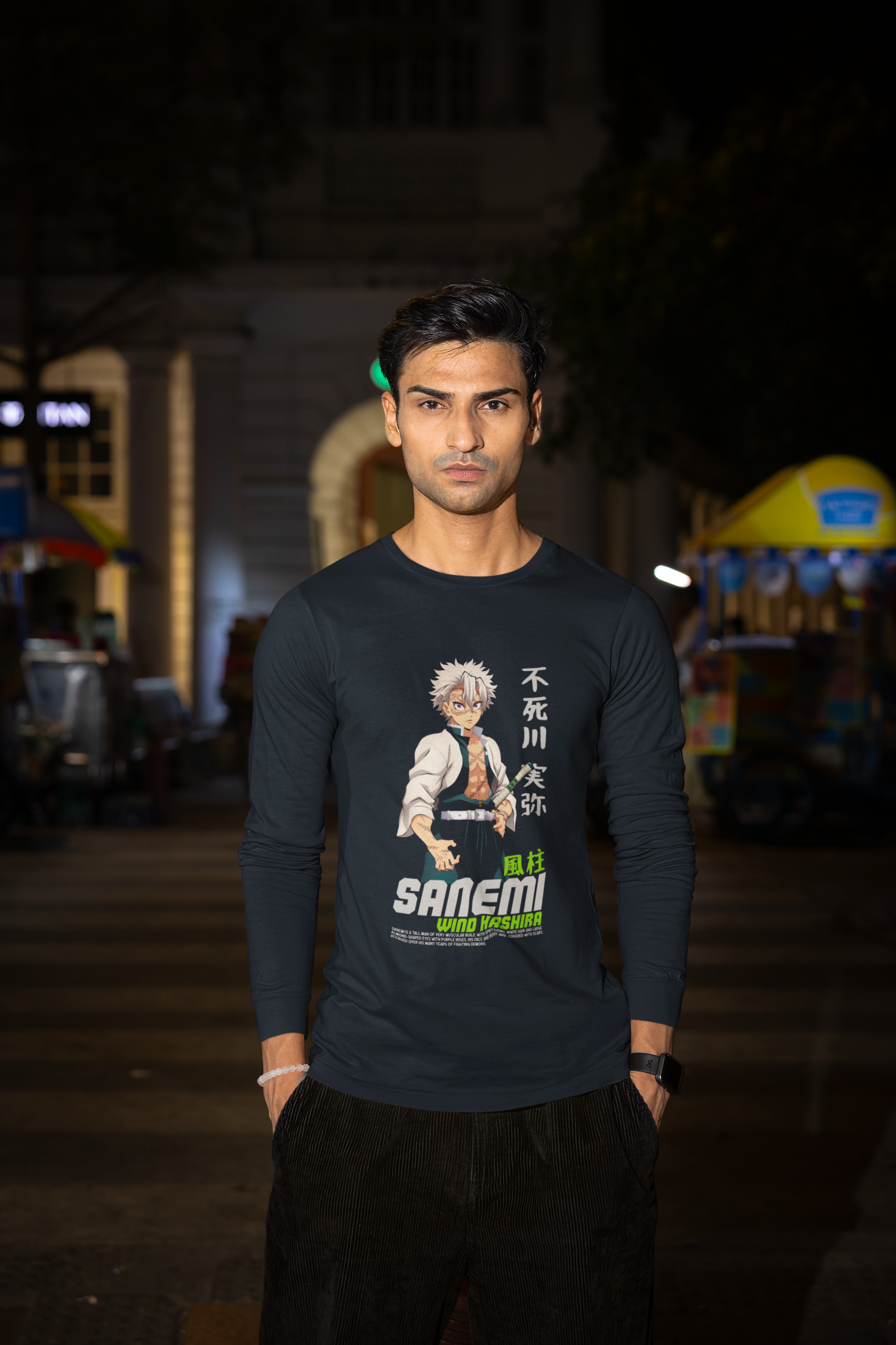 Men's Navy Blue Sanemi Wind Hashira Anime Full Sleeve T-Shirt