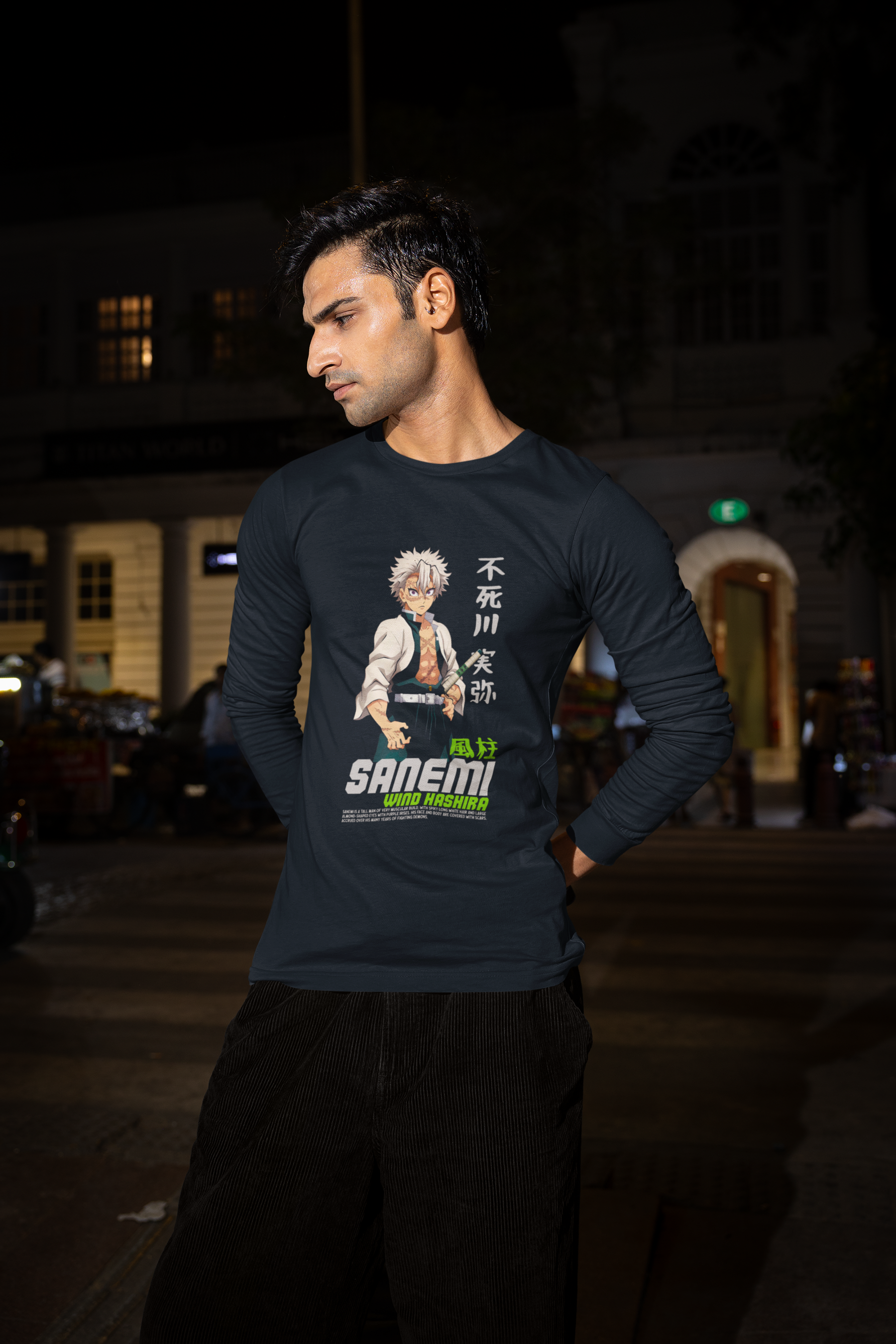 Men's Navy Blue Sanemi Wind Hashira Anime Full Sleeve T-Shirt