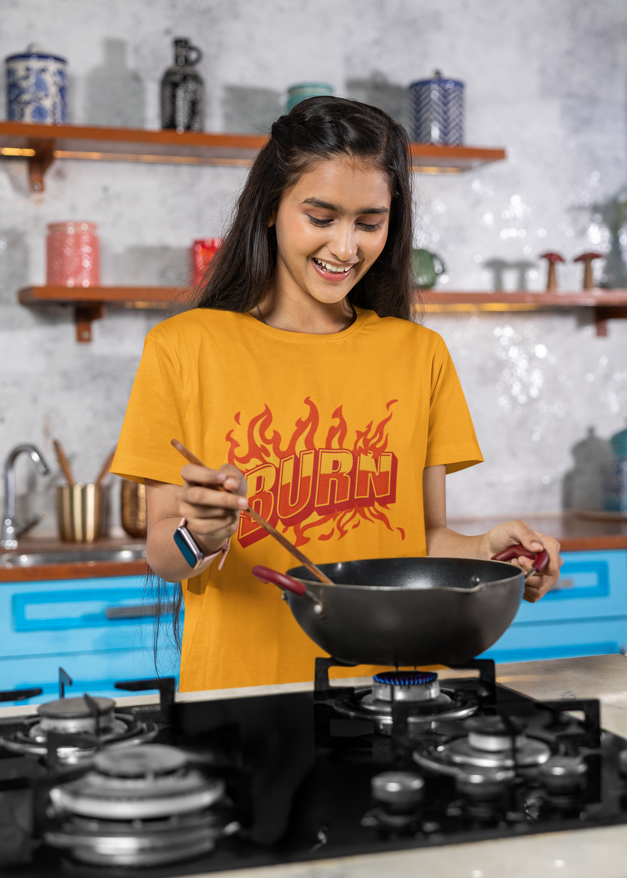 Women's Golden Yellow Burn Oversized Printed T-Shirt