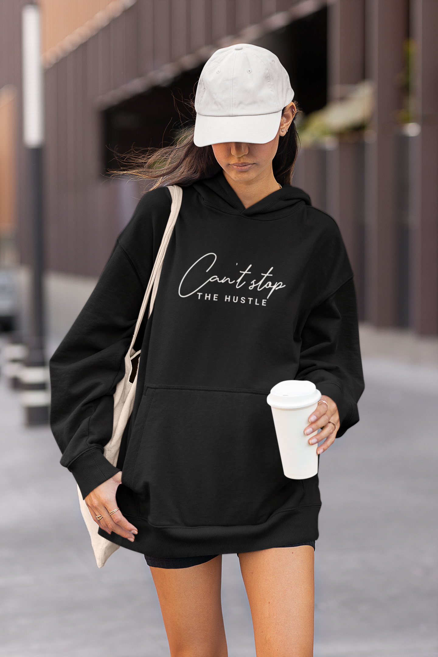 Women's Black Can't Stop The Hustle Special Oversized Hoodie