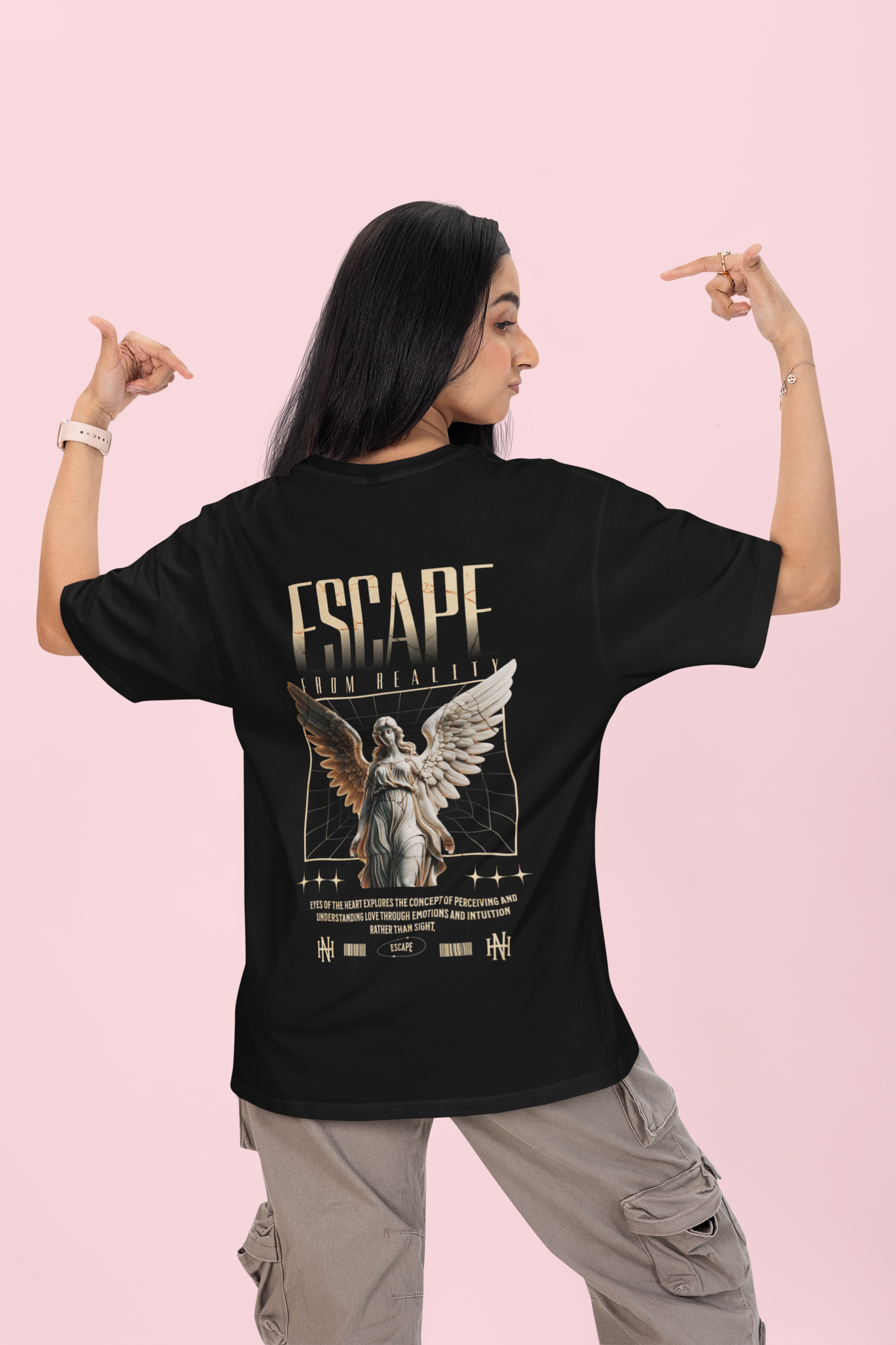 Women's Black Escape From Reality Oversized Printed T-Shirt