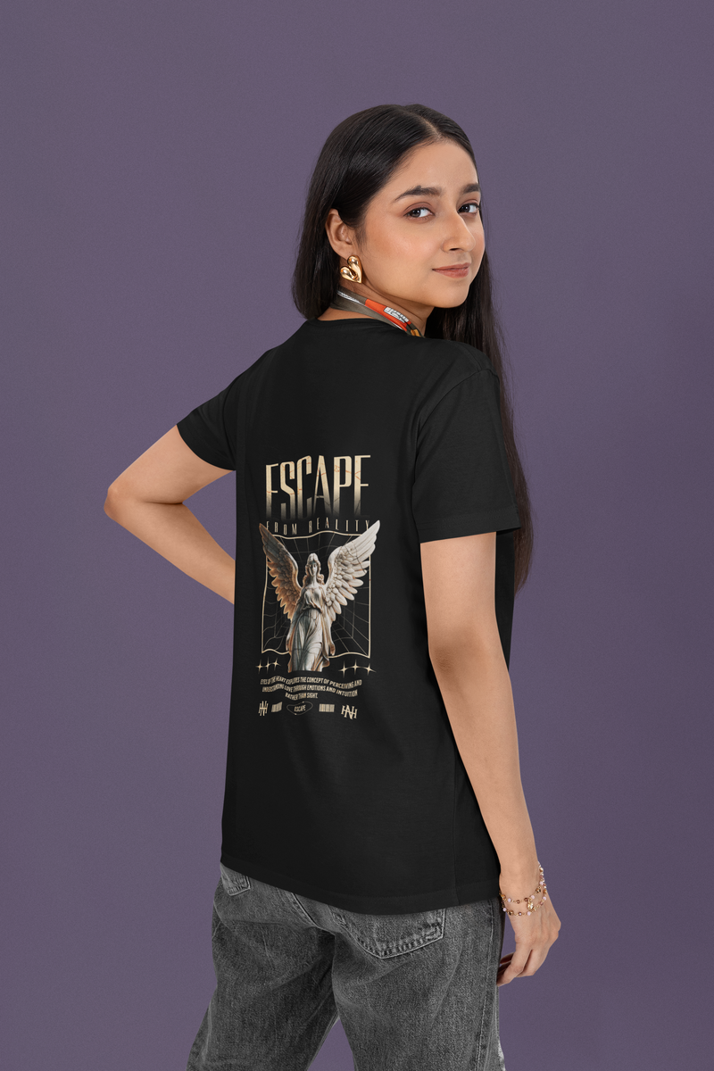 Women's Black Escape From Reality Oversized Printed T-Shirt