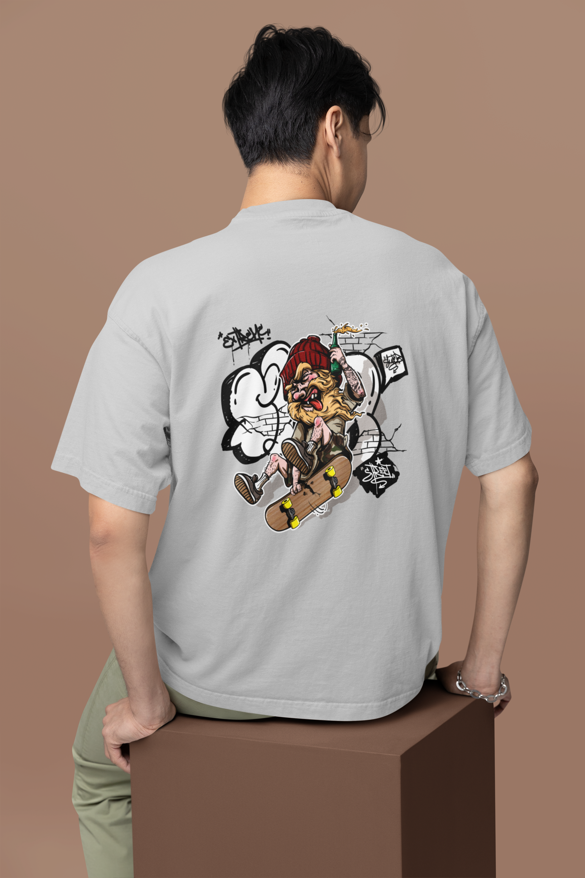Men's Grey Melange Extreme Oversized Printed T-shirt
