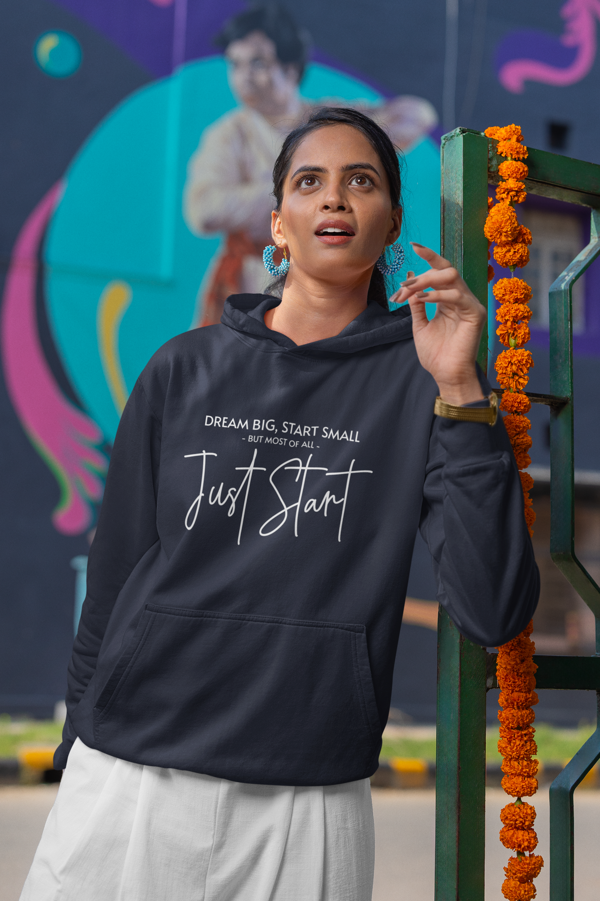 Women's Navy Blue Just Start Printed Oversized Hoodie