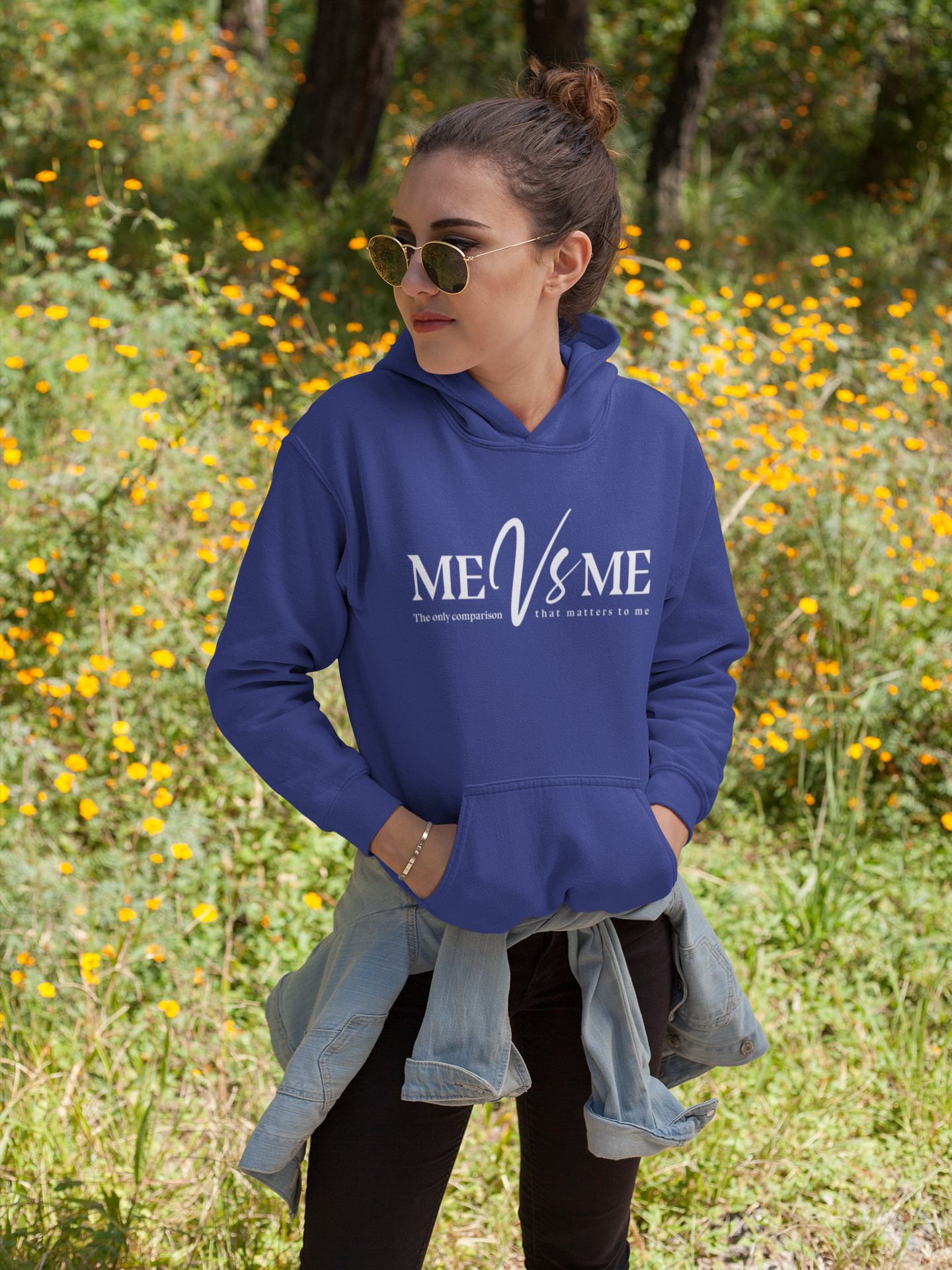 Women's Royal Blue Me Vs Me Special Graphics Printed Hoodie