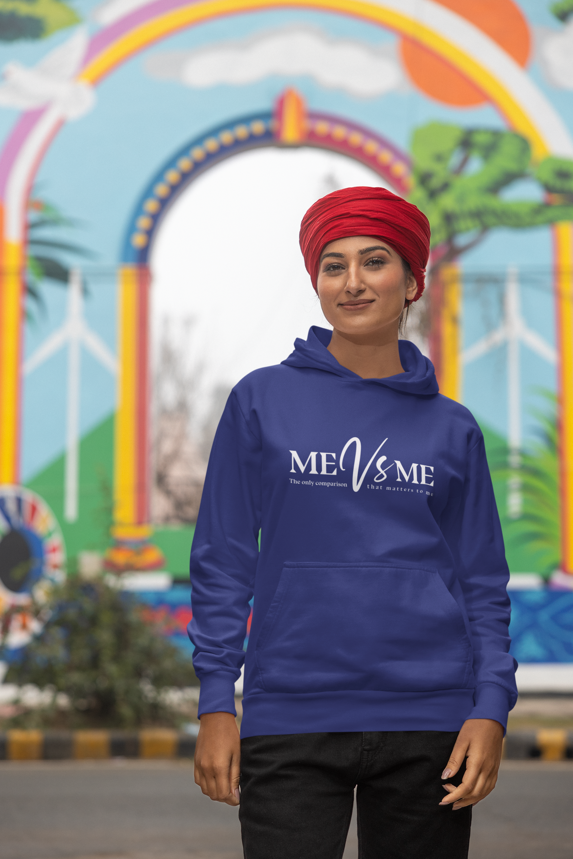 Women's Royal Blue Me Vs Me Special Graphics Printed Hoodie