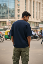 Indian Young Man Navy Blue Tee Back View Mockup
