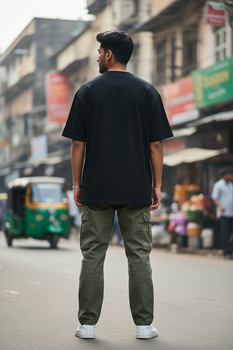 Indian Young Man Plain Black Tee Back View
