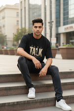 Just Talk Black Tee Sitting Pose Different Model