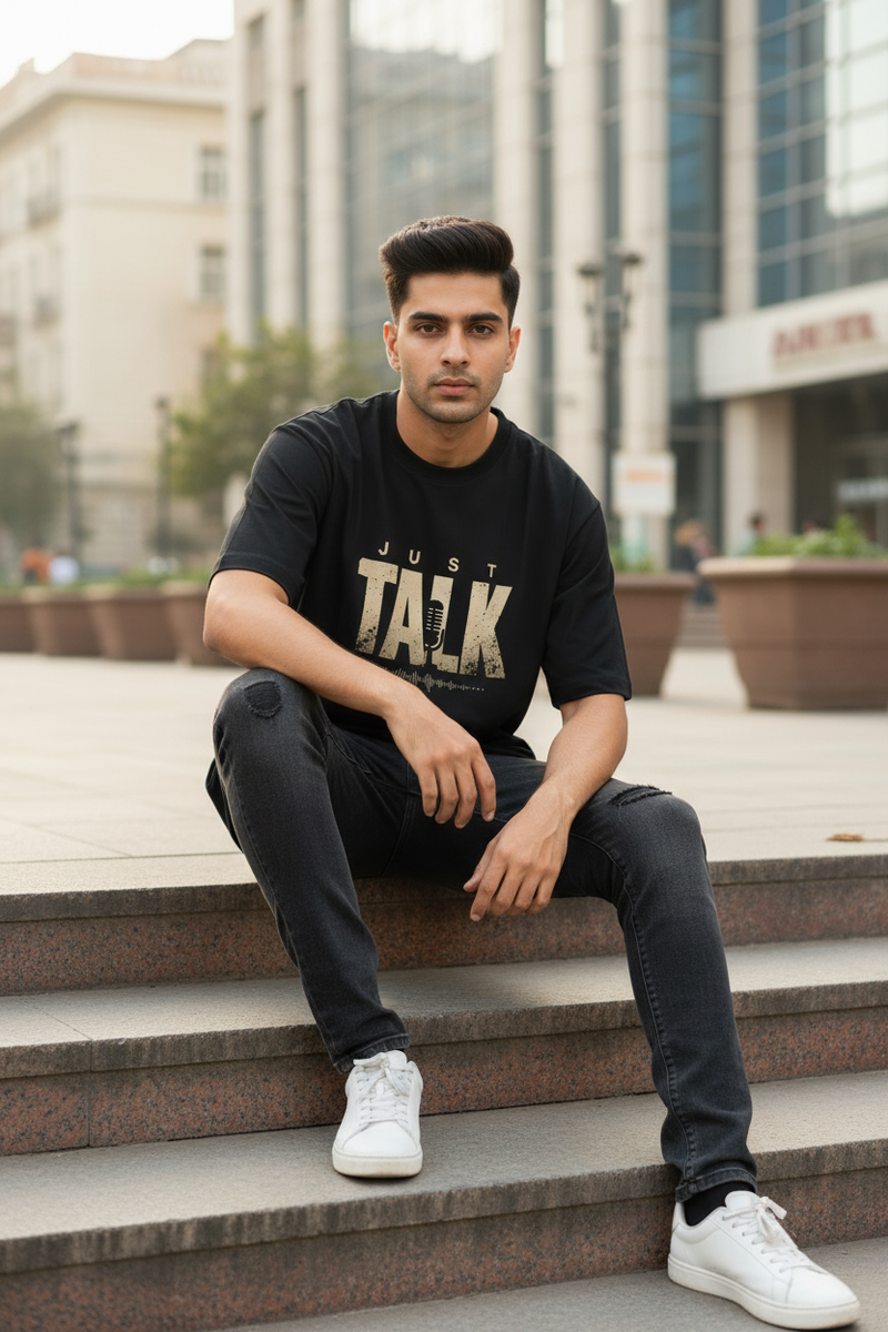 Just Talk Black Tee Sitting Pose Different Model