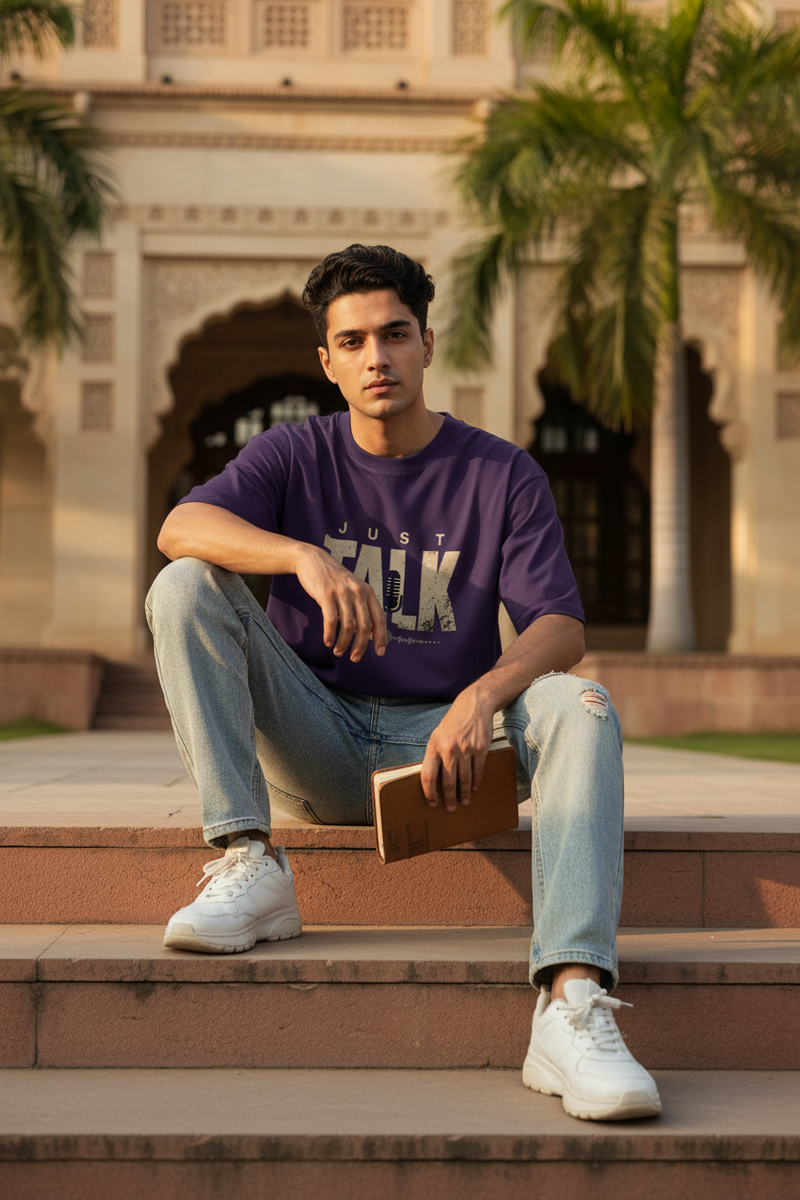 Just Talk Purple Tee Different Model & Style
