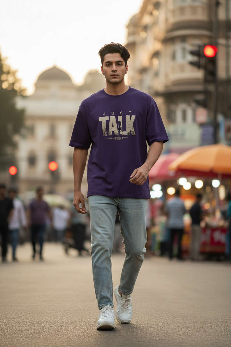 Just Talk Purple Tee Walking Pose New Location