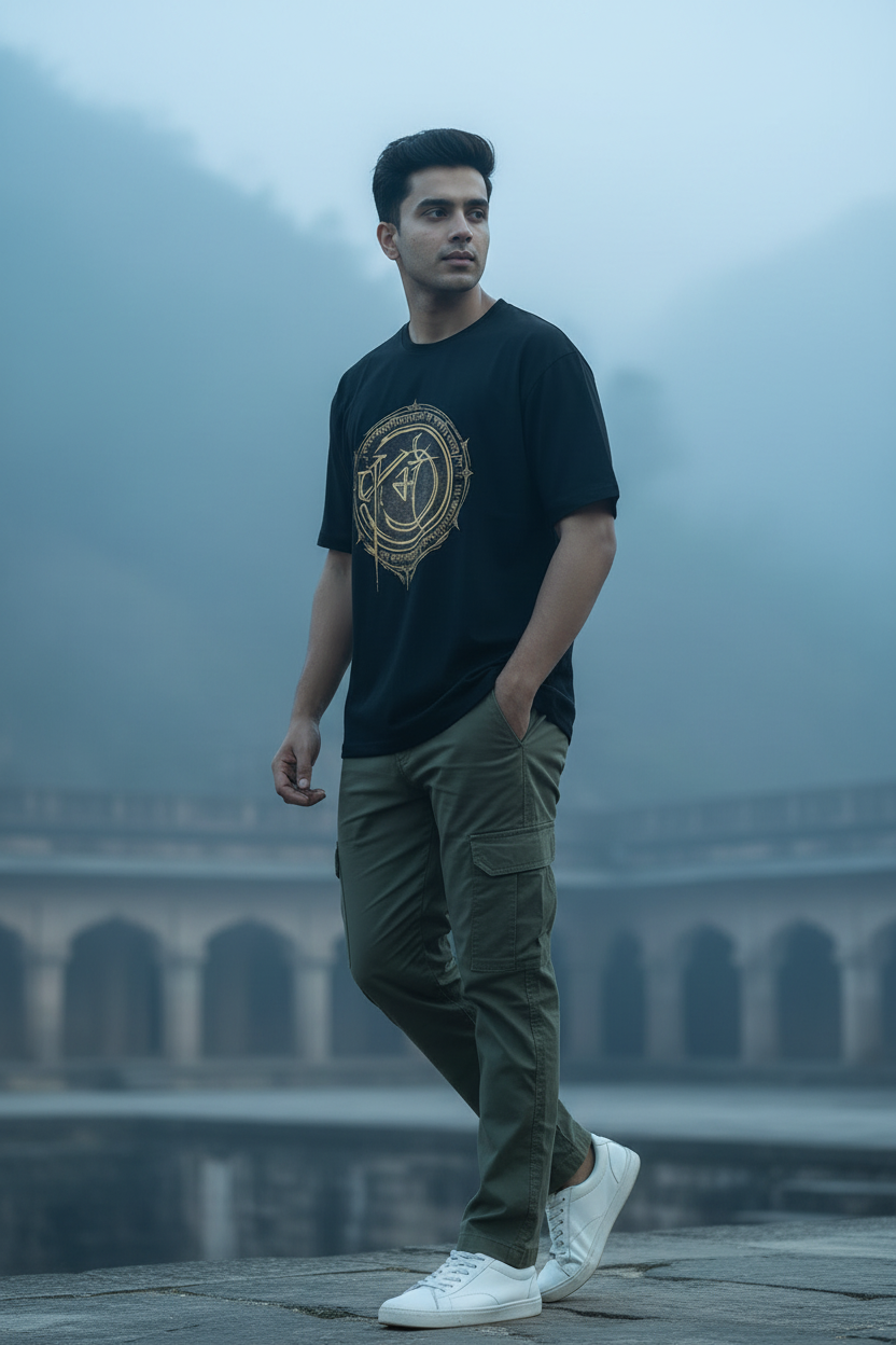 Karma Sanskrit Black Tee New Model New Angle New Background