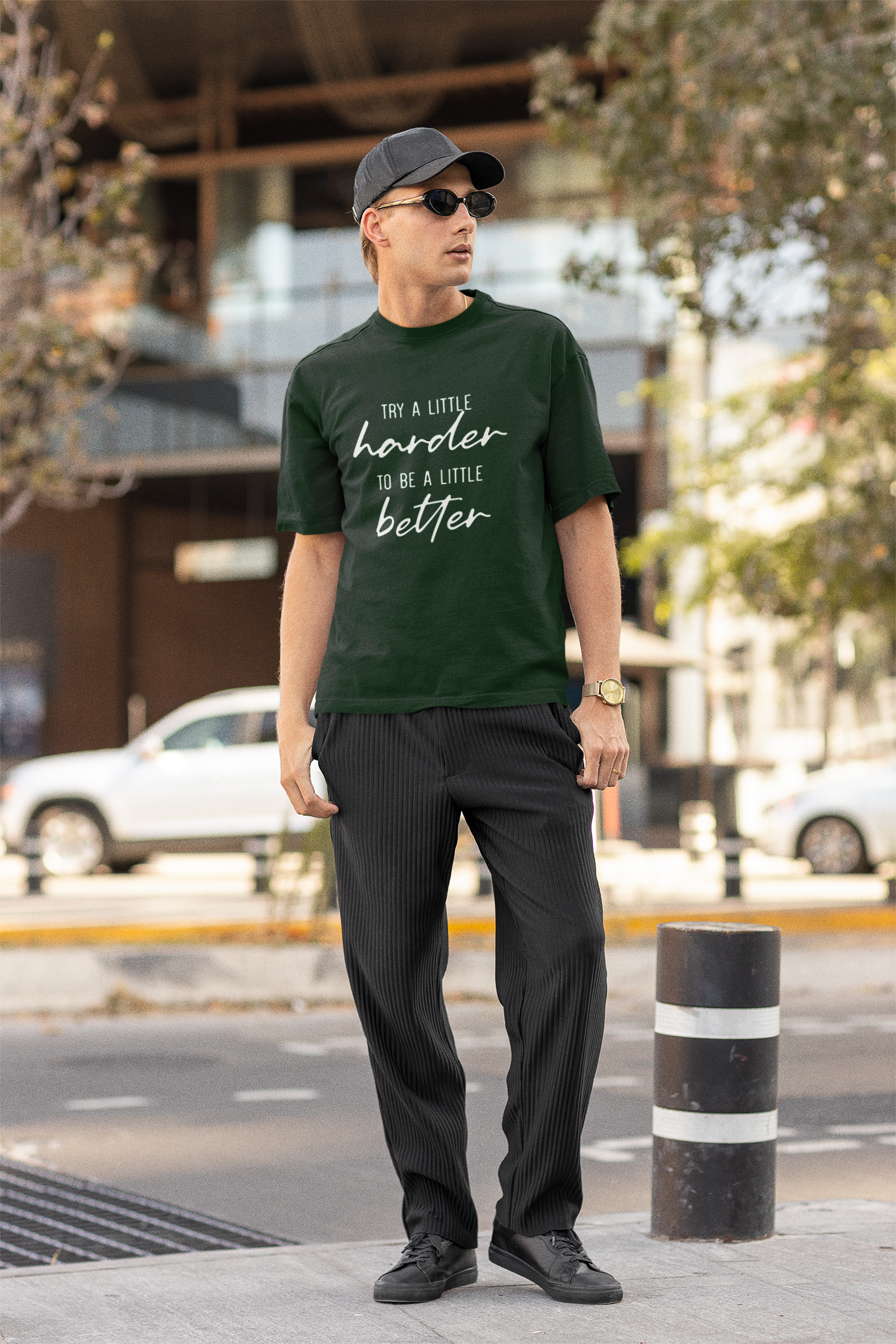 Men's Bottle Green Try A Little Harder Oversized Printed T-shirt
