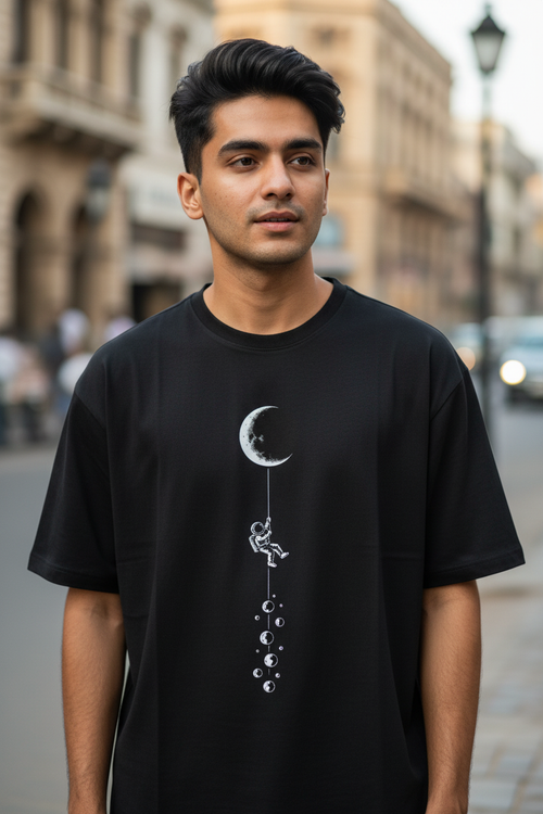 Men's Black Astronaut suspended in lunar wonderland Printed T-Shirt