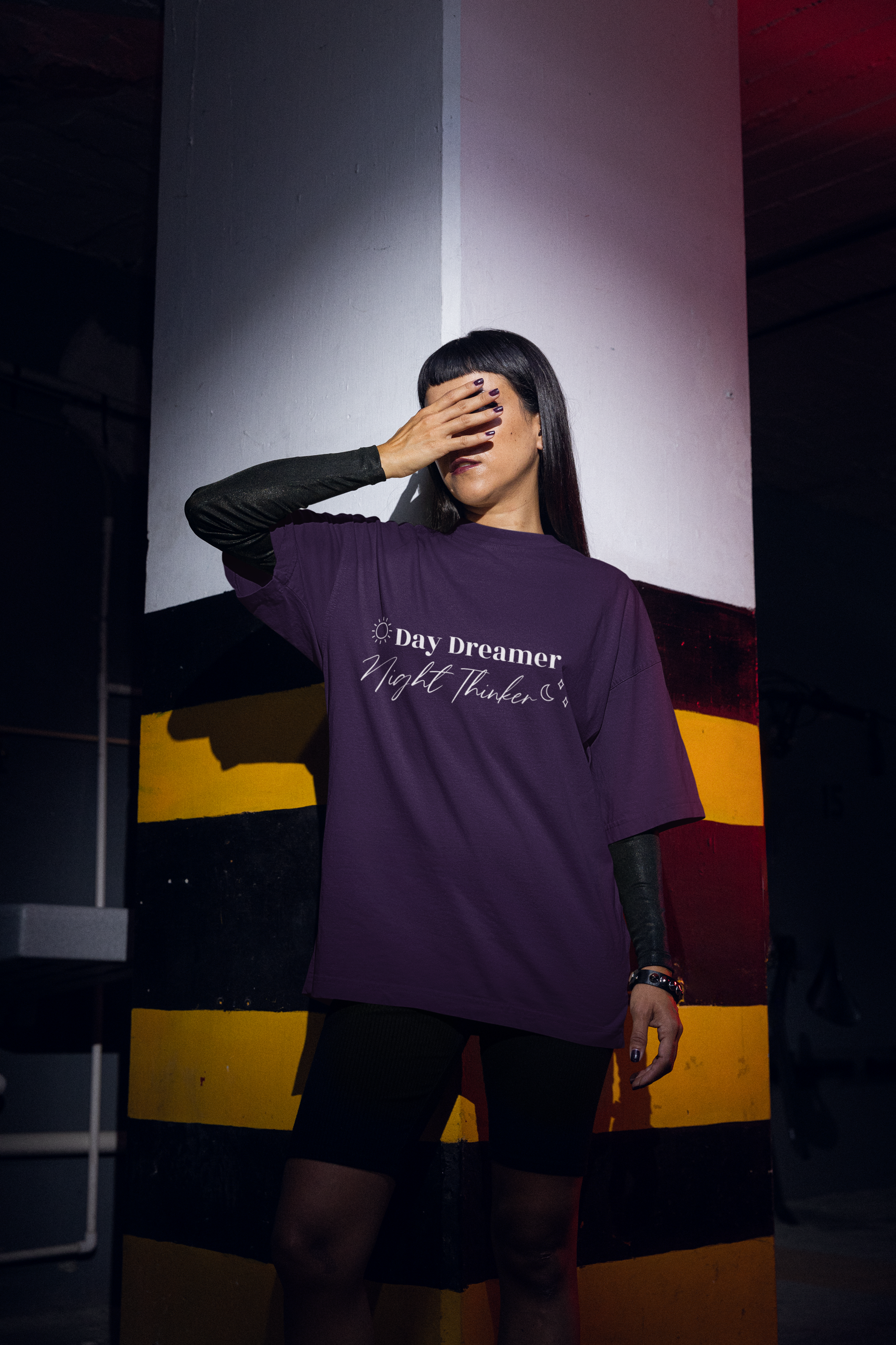 Women's Purple Day Dreamer Night Thinker Oversized Printed T-Shirt