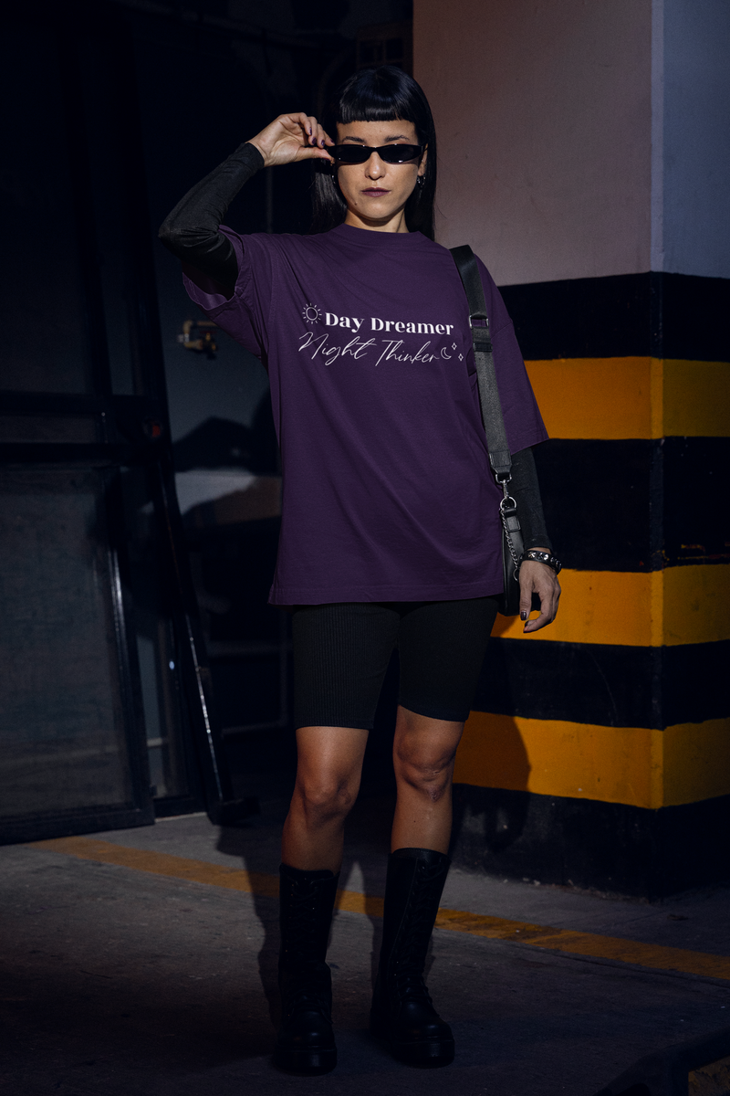 Women's Purple Day Dreamer Night Thinker Oversized Printed T-Shirt